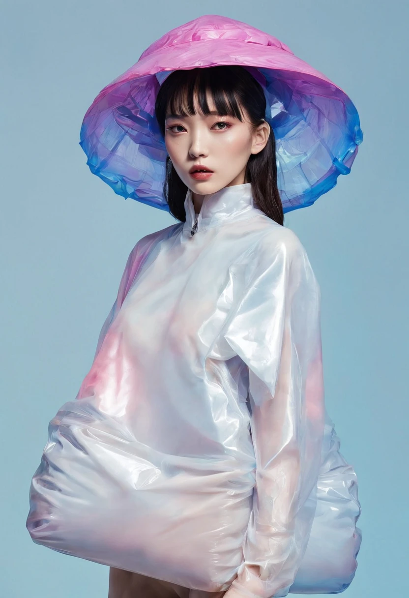 editorial fashion, korean woman, weird hairstyle, model, covered plastic bag, plastic bag, plastic, striking pose, surrealism, harsh lighting, perfect composition, symmetry, detailed, plastic hat, vibrant background