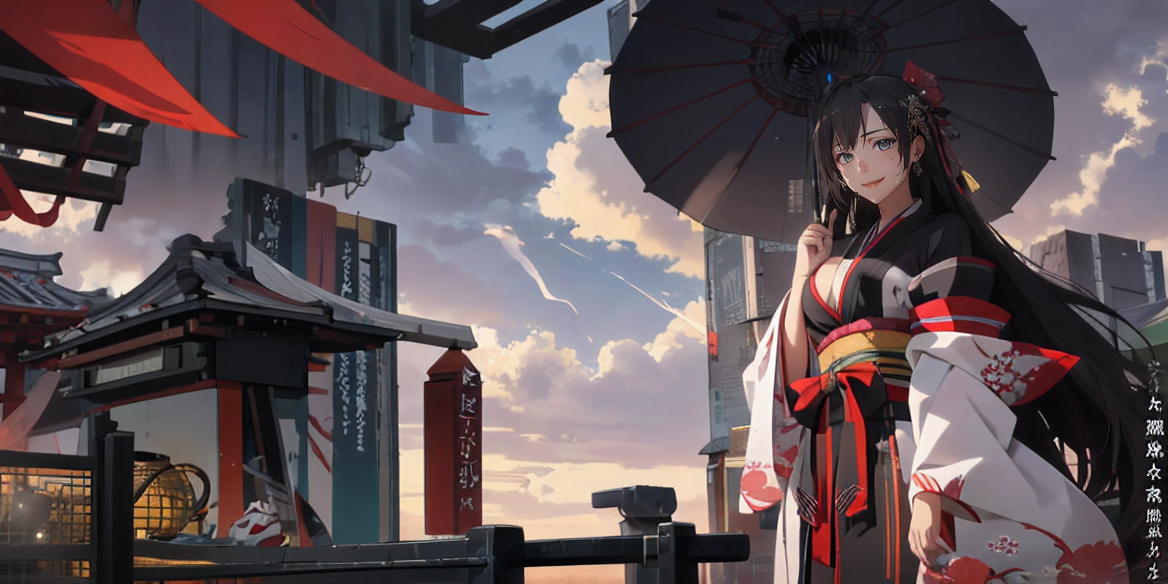 1girl, hair_ornament, wide_sleeves, breasts, long_hair, black_hair, japanese_clothes, makeup, cloud, kimono, sash, black_kimono, bangs, purple_eyes, looking_at_viewer, standing, cloudy_sky, mole, large_breasts, solo, sky, very_long_hair, obi, smile, lipstick, red_lips, blunt_bangs, mole_under_mouth, long_sleeves, lips