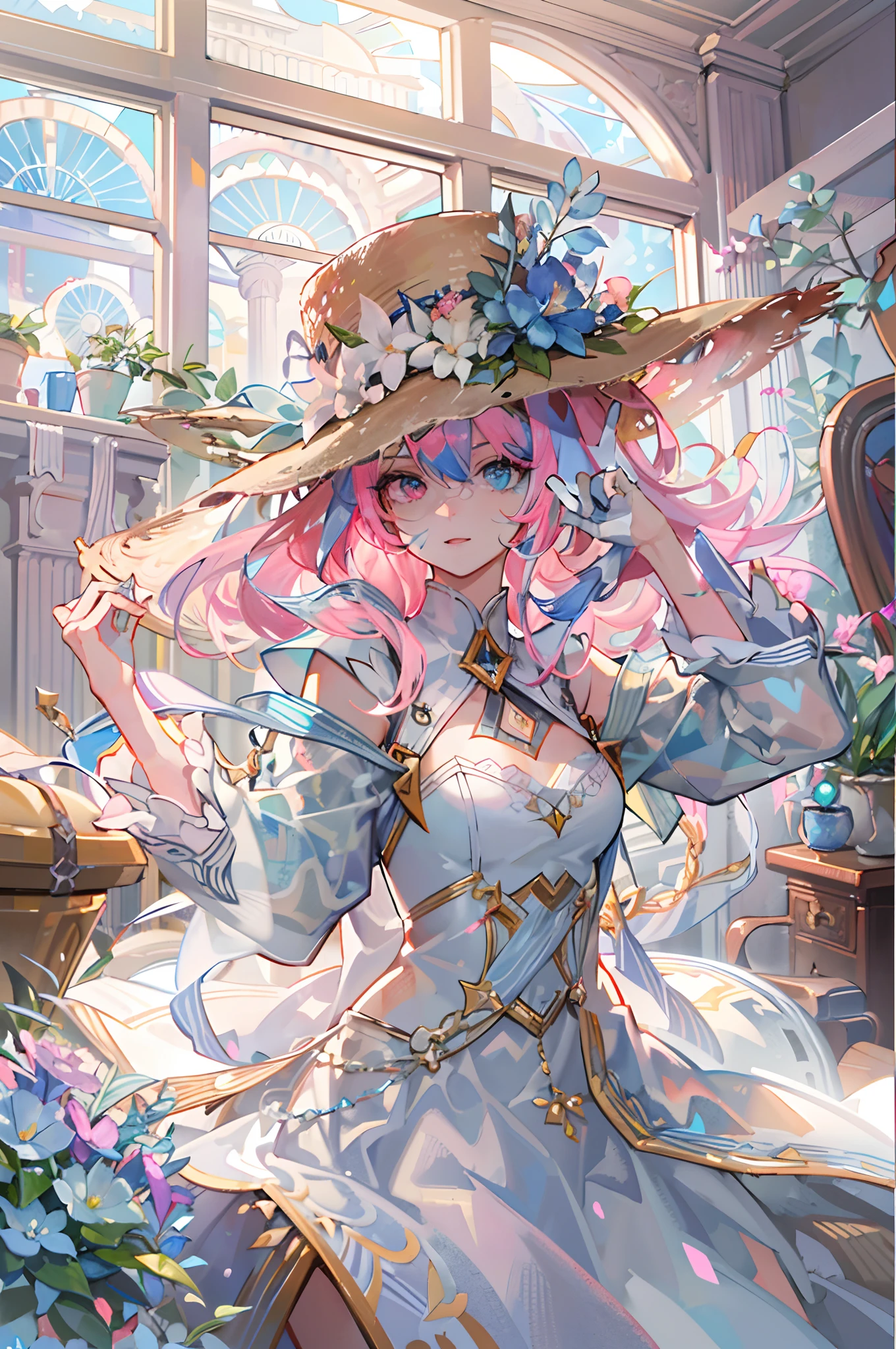 Original, very detailed wallpaper, very detailed illustrations, (1 Girl) , perfect female body, beautiful eyes, (delicate face) , (seductive expression) , eyes, impact,

A straw hat with flowers,white magical clothing, white gloves, living room，from below1.2,(rainbow color Hair,colorful hair,half blue and half pink hair:1.4)
(shiny skin) , (best lighting) , (super-complex detail) , 4K Unity, (super-detailed CG: 1.2) , (8K: 1.2), octane rendering
Dynamic, floating, luminous, League of Legends original painting, wide-angle viewing angle: 2,