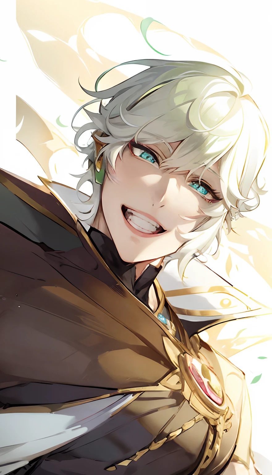 anime - style image of a man with a cape on his shoulders, beautiful prince, handsome prince, cunning smile, handsome guy in demon slayer art, portrait of magical blond prince, [[[[grinning evily]]]], his eyes are red and glowing, nagito komaeda