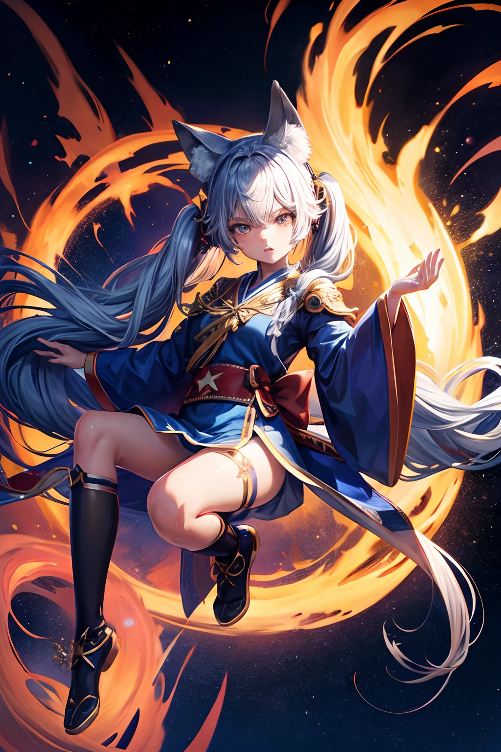 starnight, fullbody, miko, twintails, floating hair, fox mask, angry, Blue priestess uniform, anime style, anime, drop shadow, best quality, 4K, award winning, super detail, textured skin