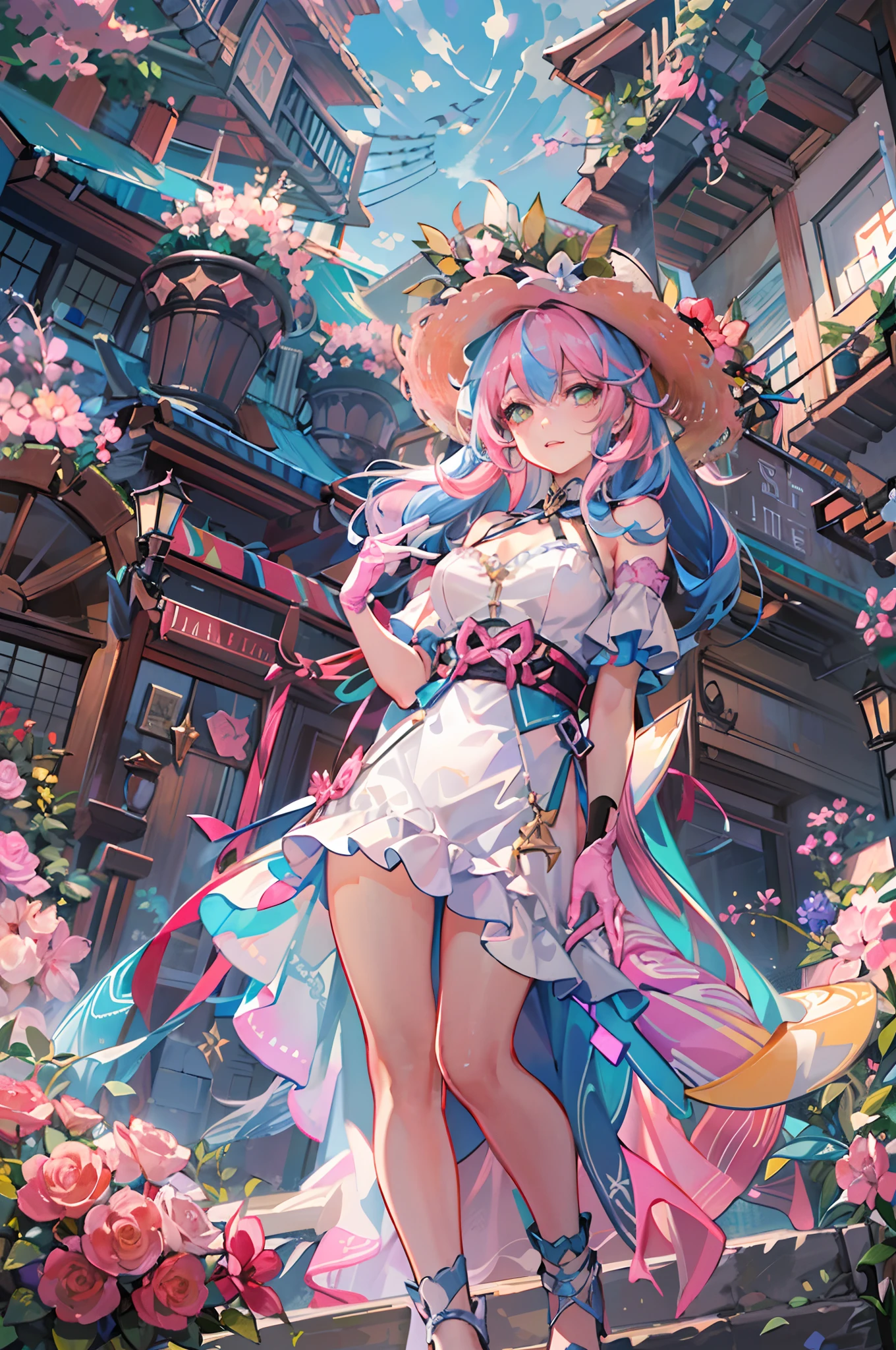 Original, Very detailed wallpaper, very detailed illustration, (1 girl) , Perfect female body, Beautiful eyes, (Delicate face) , (Seductive expression) , Eyes, impact,

A straw hat with flowers,White magic costume, White gloves, Living room，From below 1.2,(rainbow colour hair,Colorful hair,Half blue and half pink hair:1.4)
(Shiny skin) , (BEST lighting) , (ultra intricately detailed) , 4k unity, (super-detailed CG: 1.2) , (8K: 1.2), Octane rendering
dynamic, Floating, luminous, League of Legends original art, Wide-angle viewing angle: 2,