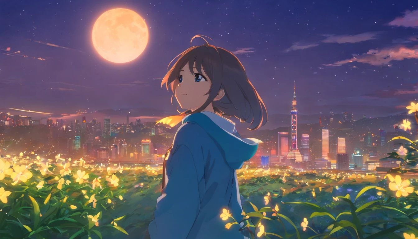 Best quality at best,tmasterpiece,The is very detailed,Face details,8K, detailed back ground,1girll,Face away from the camera,Silver hair,eBlue eyes,,long whitr hair,wavey hair,voluminous hair,,,Blushlush,ssmile,Shawl,Chinese city,Chinese service,the night,themoon,scenecy,high place,horizon,ventania,wind blown,flowerbed,