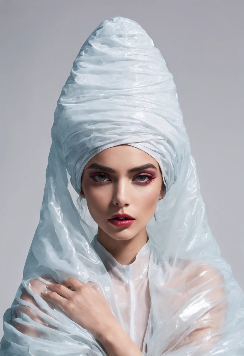 editorial fashion, arabic woman, weird hairstyle, model, covered plastic bag, plastic bag, plastic, striking pose, surrealism, harsh lighting, perfect composition, symmetry, detailed, plastic hat, vibrant background