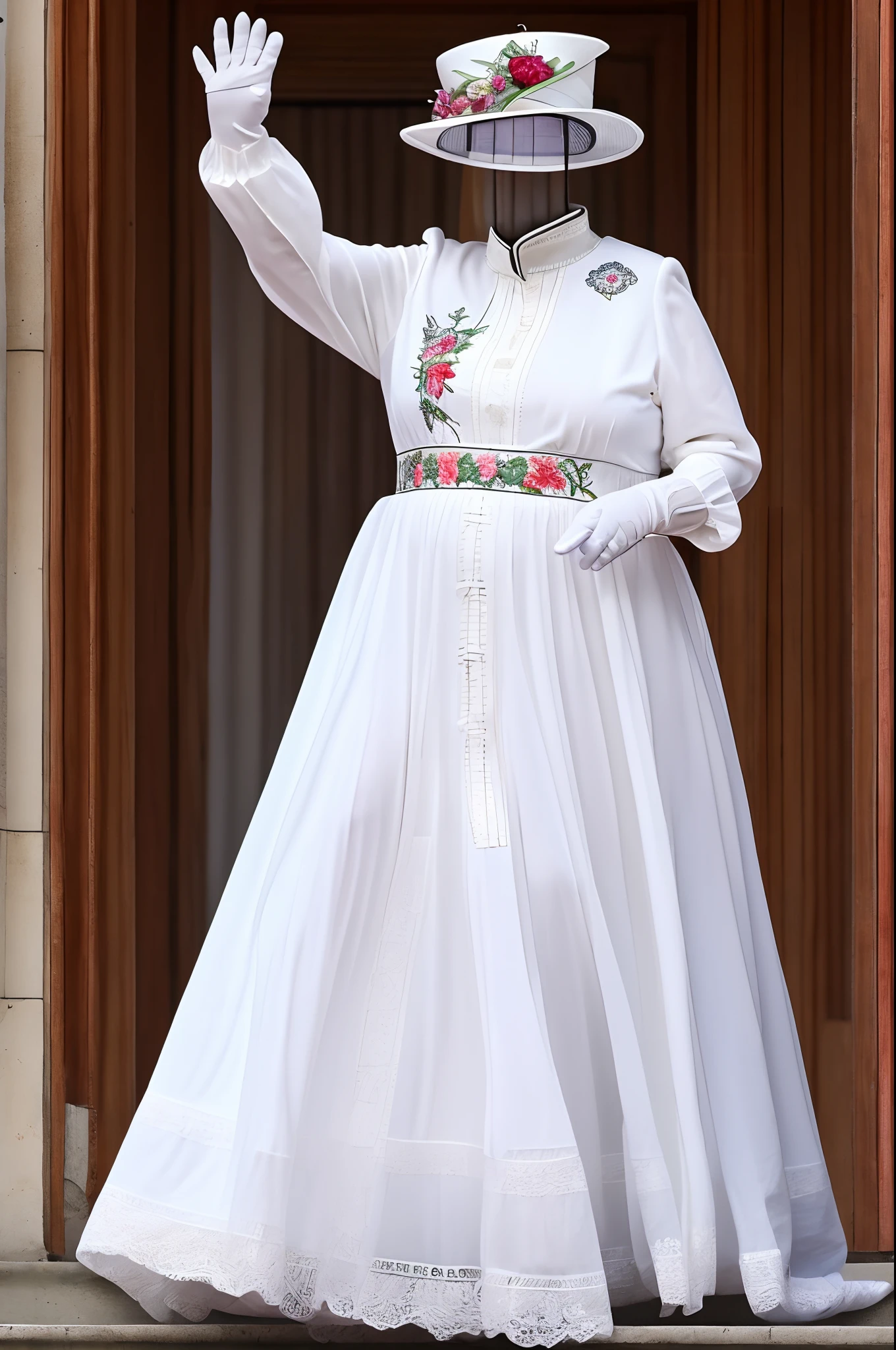 invisible, no human, faceless, headless, high quality, masterpiece, color photo,photo reality, 1female, solo, old fat woman, queen, royal dress, Embroidered white long dress, cloth gloves and waving hands