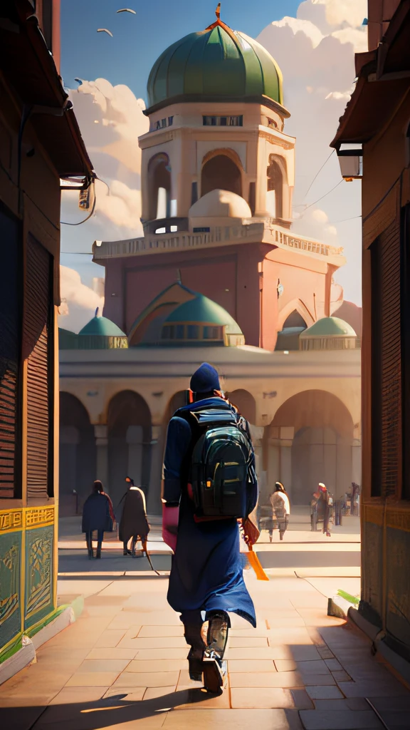(pixel art_1.1)1boy, backside capture,traveling, Islamic old cty, wearing Panjabi and Islamic mask