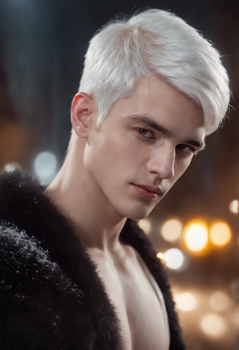 Young man, 20 years old, white hair, two block haircut , shirtless, wearing a black fur coat , reality photo, reality skin, detailed skin, glowing light eyes, Biomechanical, eerie, Creepy, nightmarish, Very bright colors, Light particles, with light glowing, Mshiff, wallpaper art, UHD wallpaper
