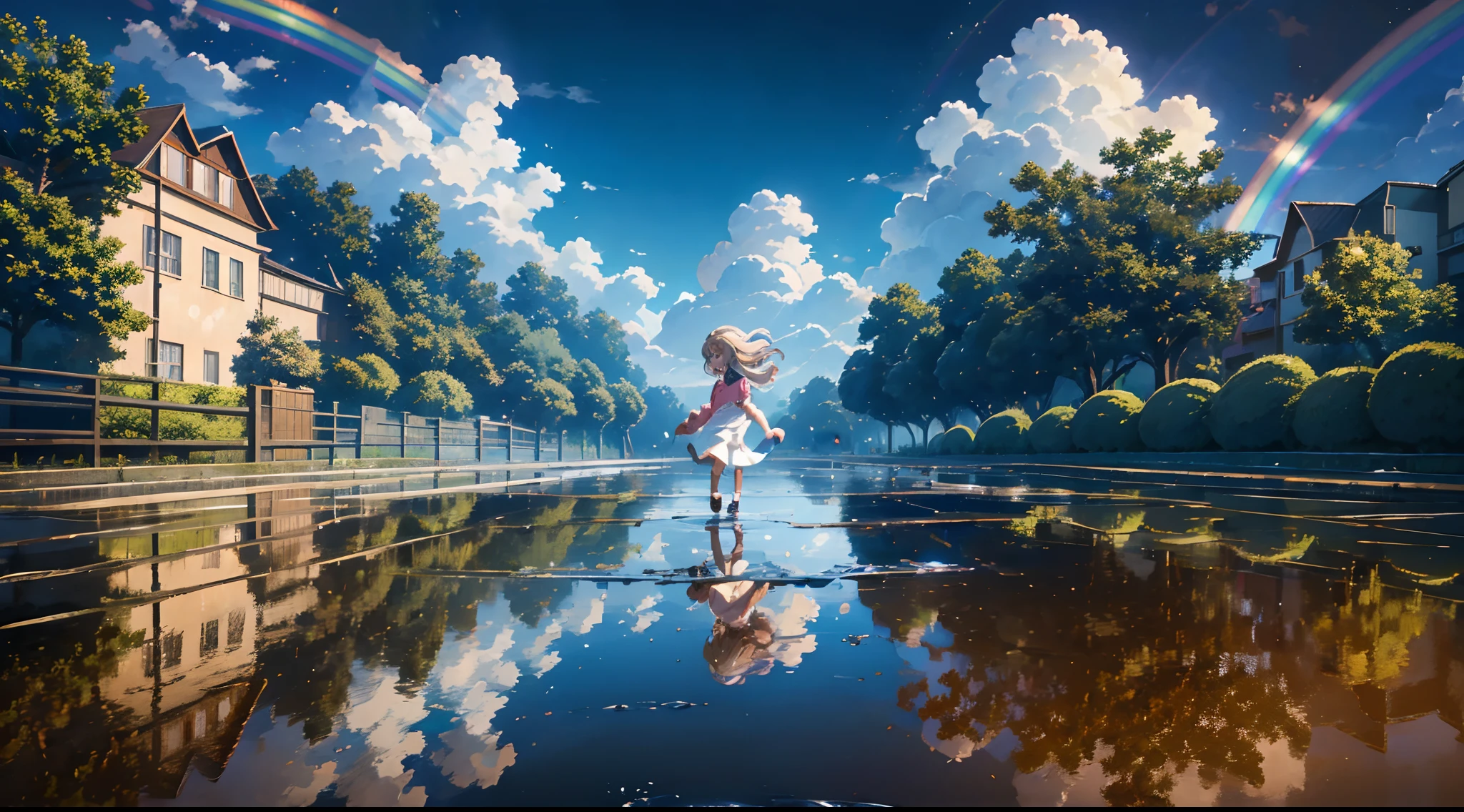 Produce an exciting anime masterpiece featuring the innocent joy of children as they splash around in a puddle. Emphasize the dynamic fun of the scene with the best possible HDR and UHD quality. Ensure the rainbow is a dazzling and prominent element, adding a touch of magic to the composition. Artists: Studio Ghibli (as studio reference), Akihiko Yoshida