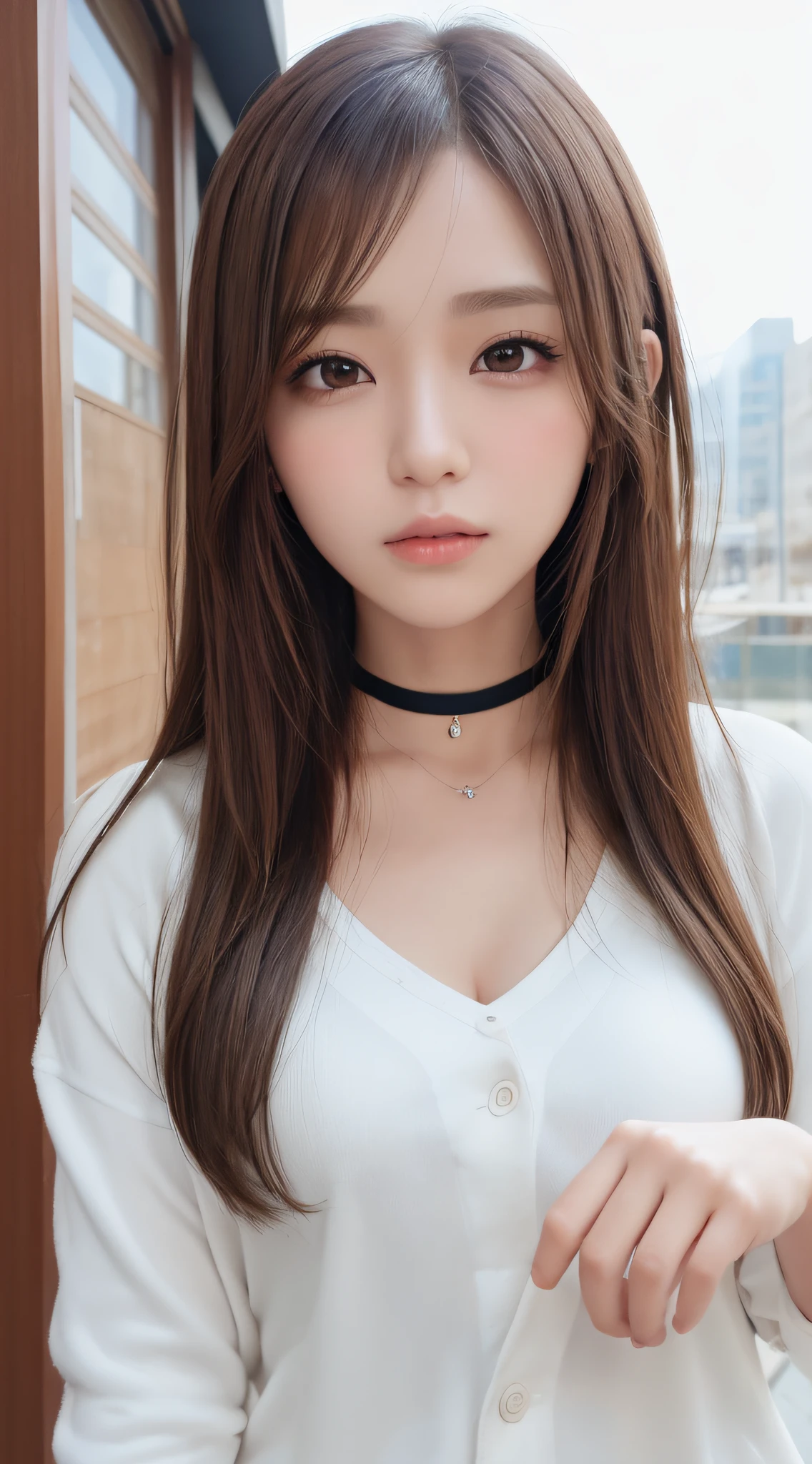 1womanl, (up of face:1.5), light brown hair, Blunt bangs, hair behind ear, hair over shoulder, Long hair, Ultra Fine Face, Thin face, Delicate lips, (beautidful eyes:1.5), thin blush, eyes are light brown,View here, Ultra-thin hands, Ultra-fine fingers, best ratio four finger and one thumb, white jaket, a choker ,(Port Area) ,One-person viewpoint,  8K, masutepiece, nffsw, Super Detail, High quality, Best Quality, hight resolution,