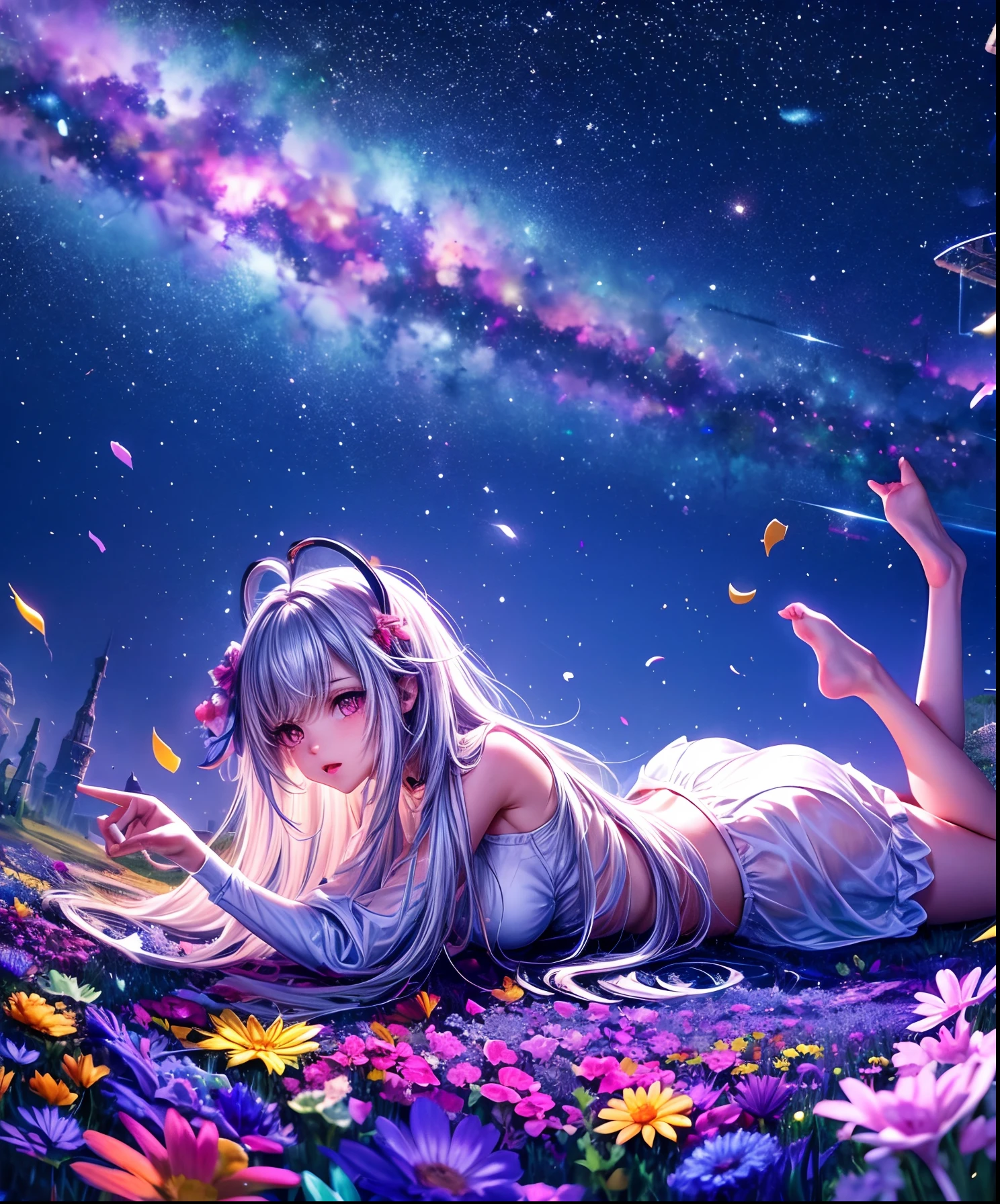 Describe a scene where a cute girl character is lying on a grassy hill, Looking up at the starry sky. Surround her with colorful nebulae and her favorite constellations.