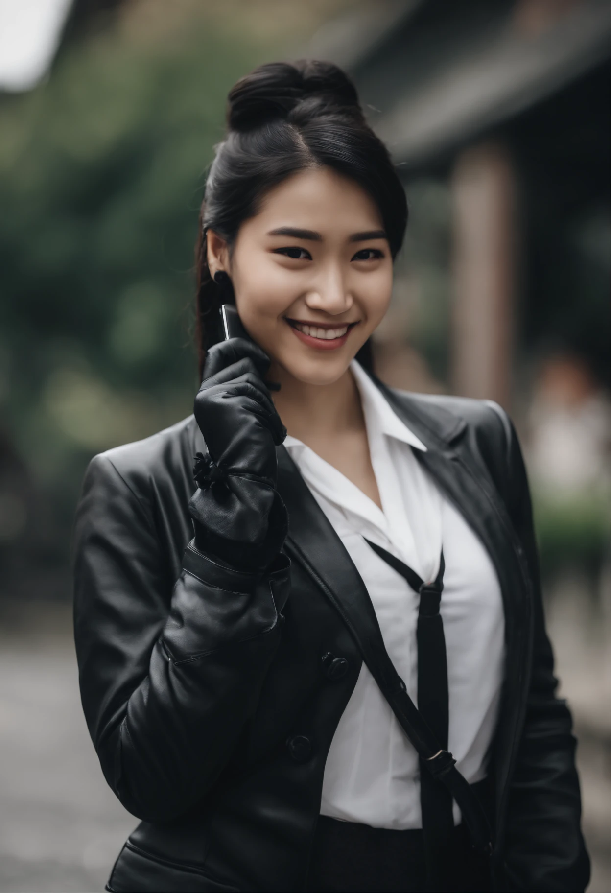 Black leather gloves in both hands, blazer and ribbon uniform, black hair ponytail, upper body, conversation with a smile with a black smartphone, cute Japanese girl (black leather gloves covering both hands) traveling alone