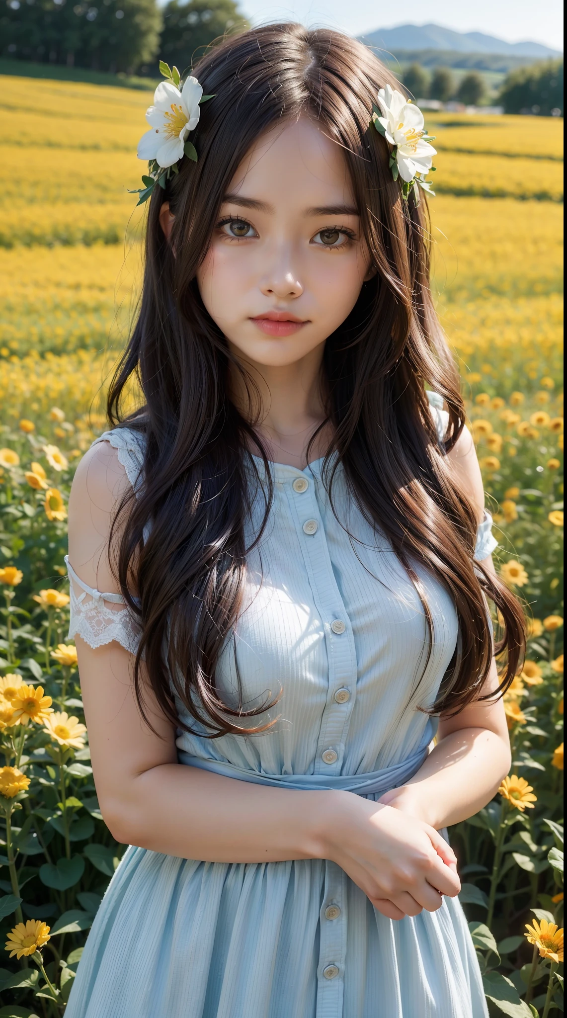 1girl, wavy hair, flower fields, aperture f/1.4, cinematic lighting