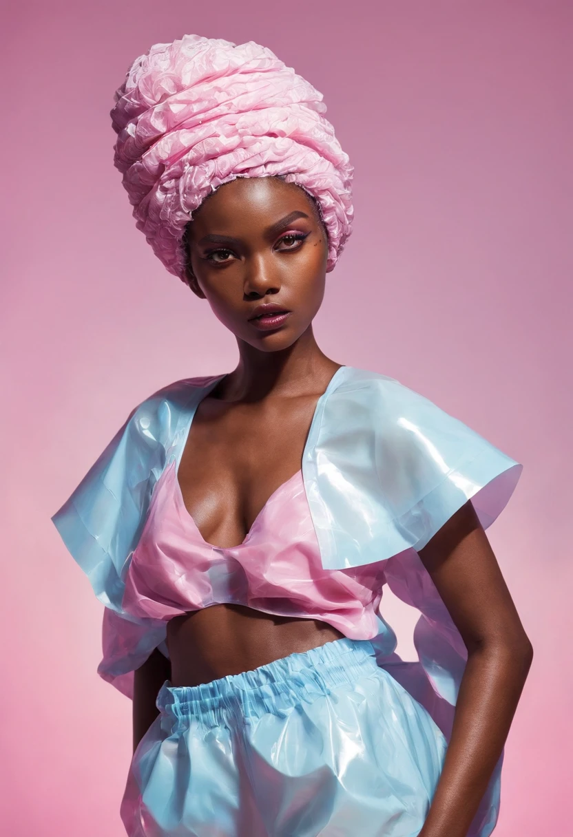 editorial fashion, afro woman, weird hairstyle, model, covered plastic bag, plastic bag, plastic, striking pose, surrealism, harsh lighting, perfect composition, symmetry, detailed, plastic hat, vibrant background