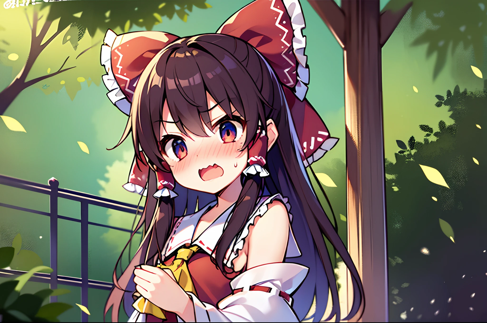 reimu hakurei、embarrassed from、((Highlights in the eyes))、glares、Open mouth、blushed face、(One girl)