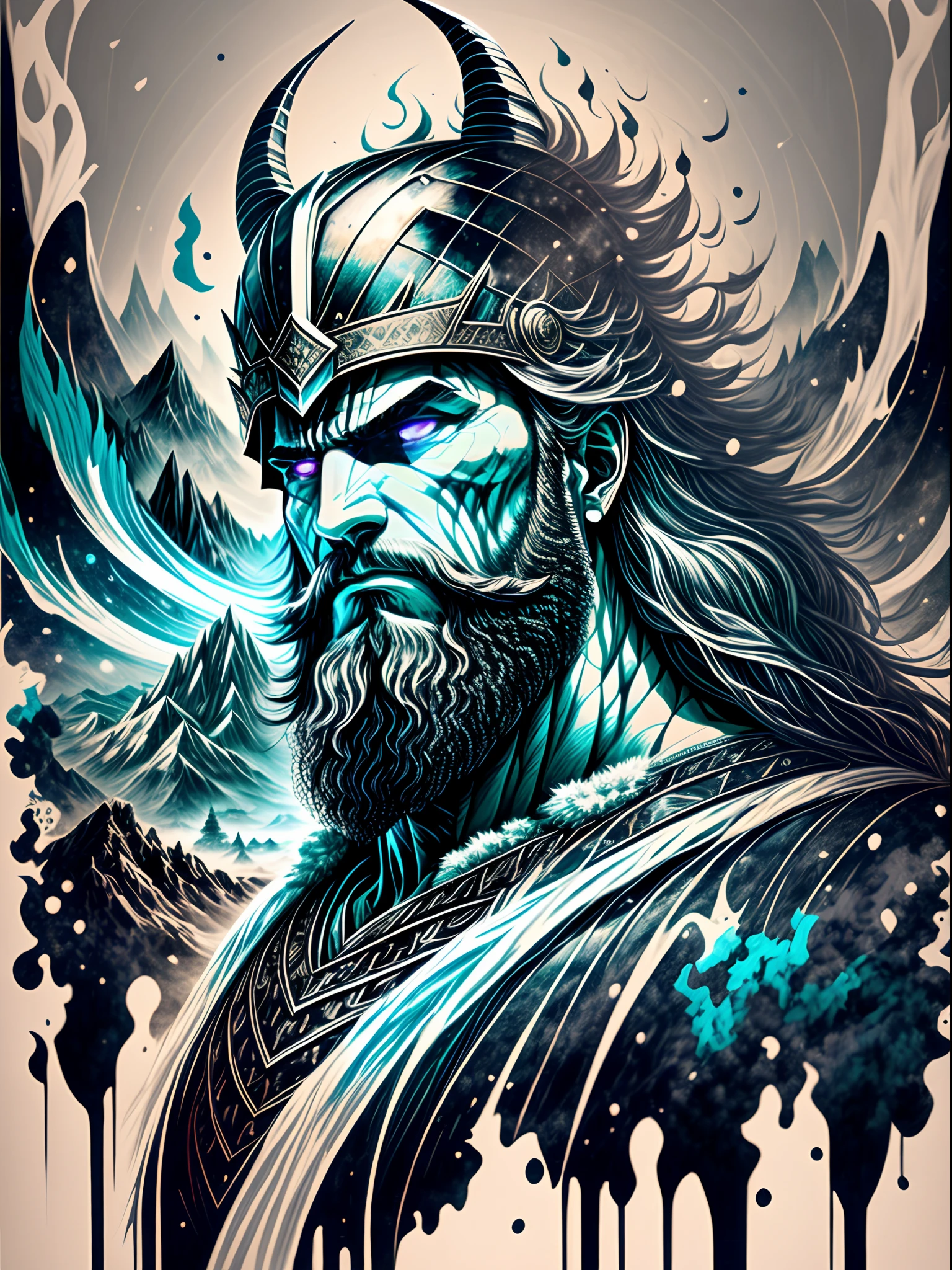 a Viking warrior with, glowing eyes, the ink color should resemble the glow of mostly white and light blue ice cubes.. His horned helmet gives him an imposing silhouette, while his wild, flowing beard adds a touch of ruggedness. The warrior's face bears an expression of deep anger, a testament to his ferocity in battle. The background is filled with mountains swirling in harmony with inky vibrancy, reminiscent of ancient mythological forces. The atmosphere is tense, hinting at the mythical powers that surround the warrior. The image combines high detail and an artistic touch, creating a captivating visual experience. Artwork, white ink on black parchment