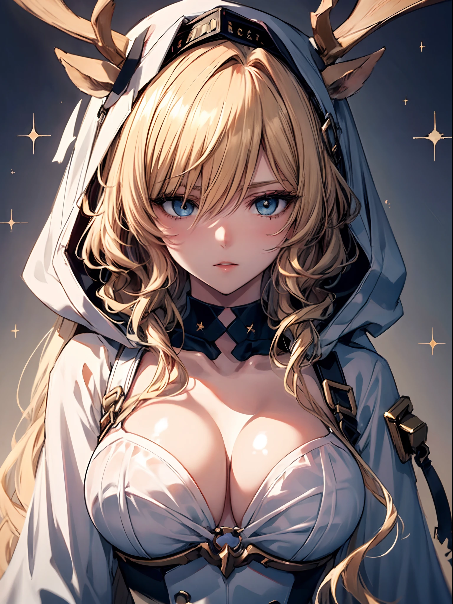 highest  quality，paleskin，（Face and eye details：1.2），1个Giant Breast Girl，Very delicate and beautiful girl，Light gold，wavy and long hair，eBlue eyes，Cold nose，（Slightly childish appearance），（（is very beautiful）），curlies，scientific fiction，agony，agony，be desperate，deathia，Aika。