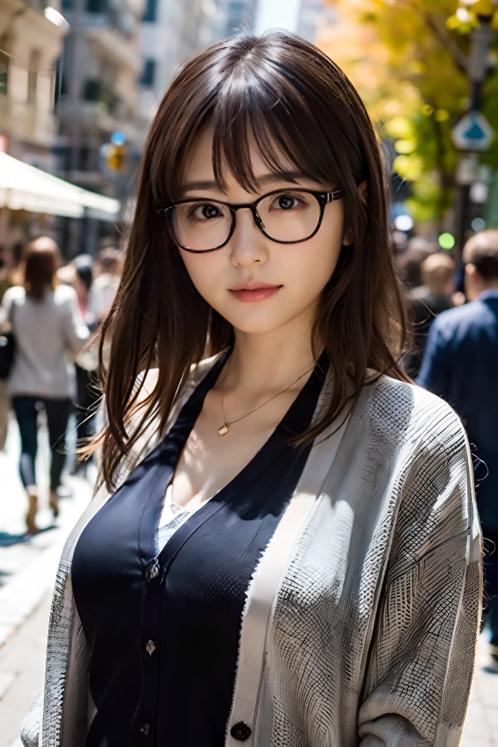 (8K、Raw photography、top-quality、masterpiece:1.2)、(realisitic、Photorealsitic:1.37)、ultra-detailliert、超A high resolution、 1 人、29yo、see the beholder、beautifull detailed face、Smile、Constriction、(Slim waist) :1.3)、Beautiful detailed skin、Skin Texture、well-shaped breasts、Floating hair、(cardigan:1.4)、Professional Lighting、Autumn afternoon、In the street、(((Black square glasses )))、Whole human body、Black hair、((Shameful appearance))、