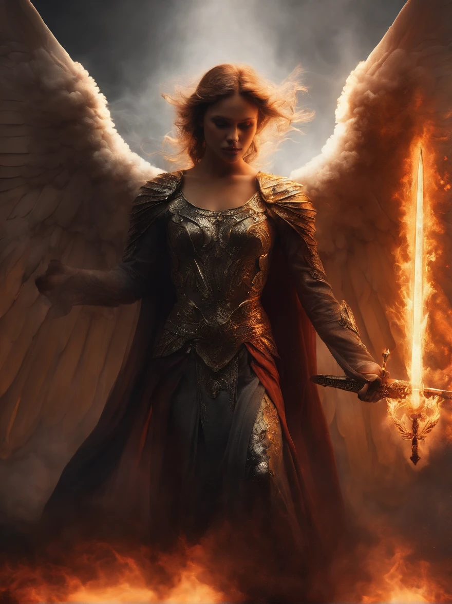 Ultra-realistic angelic figure: A angel with wings spread with a fiery sword in his hand in a gloomy, dark smoke setting