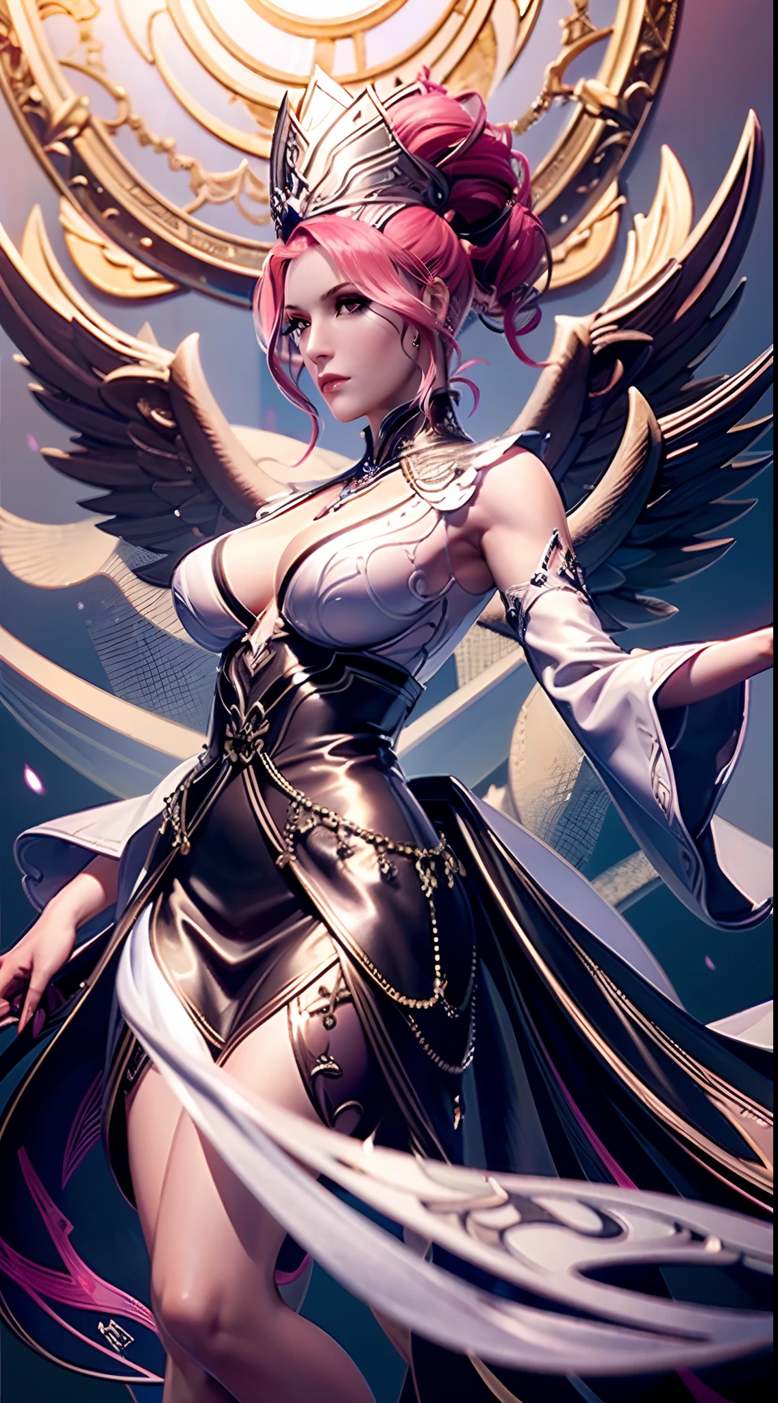 Bibi Dong,(((Mature female, (Pink iris:1.3), eyeslashes, Black eyeliner, black eyeshadows, braidedhair, Tattoo on the forehead, short detailed hair, Pink hair, pony tails,))),((Masterpiece)),A high resolution, ((Best quality)),tmasterpiece,top-quality,best qualityer,((( looking at viewert, There is light in the eyes,Exquisite facial features,laughingly,self-assured))),