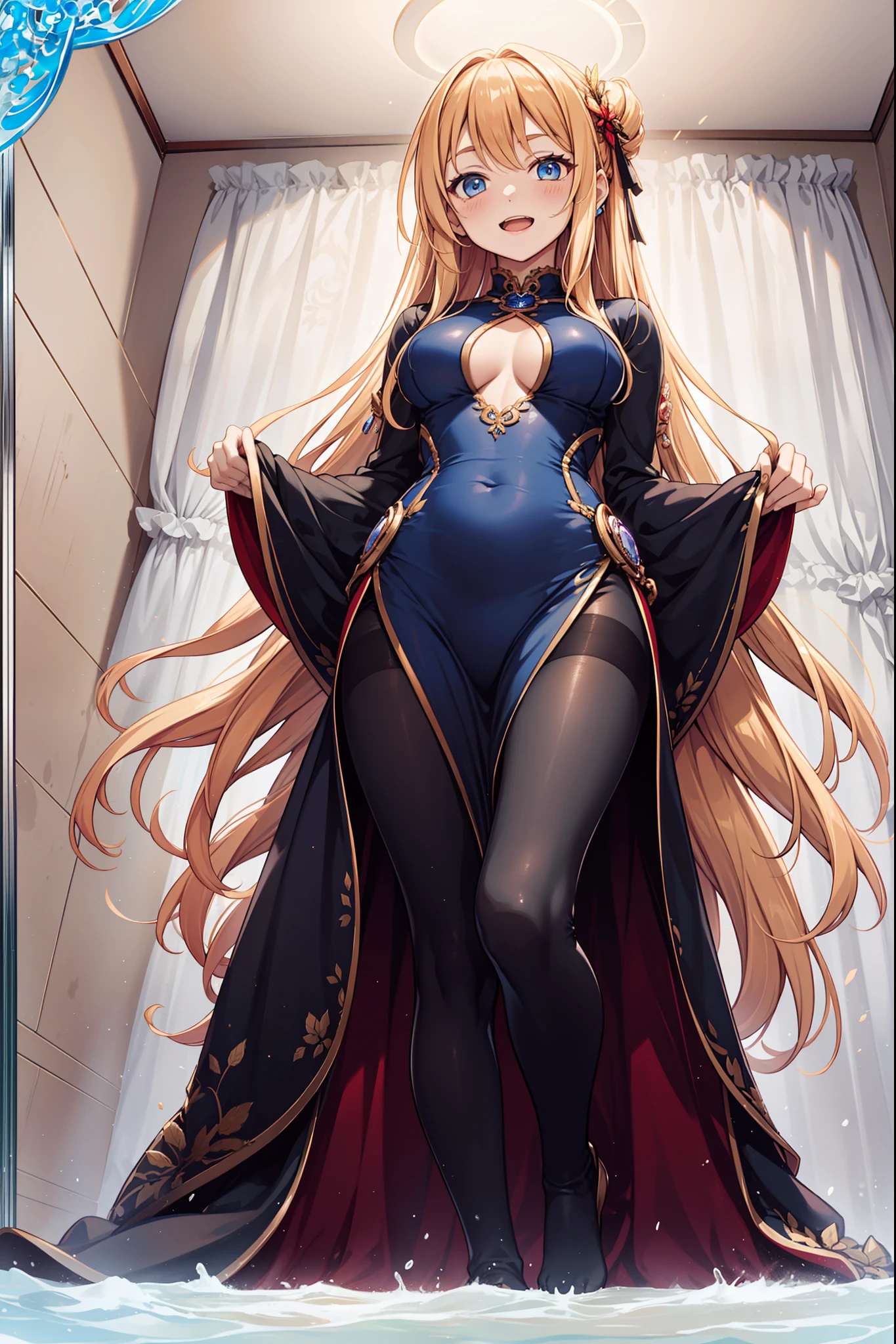 teens girl,Enchanted,having fun,Being in love,divino,Dark black seductive maxi dress,swimming uniform,Transparent clothing,exquisite costumes,Bedrooms,solo person,blond hairbl,eBlue eyes,Dark environment,Shy posture,lacepantyhose
