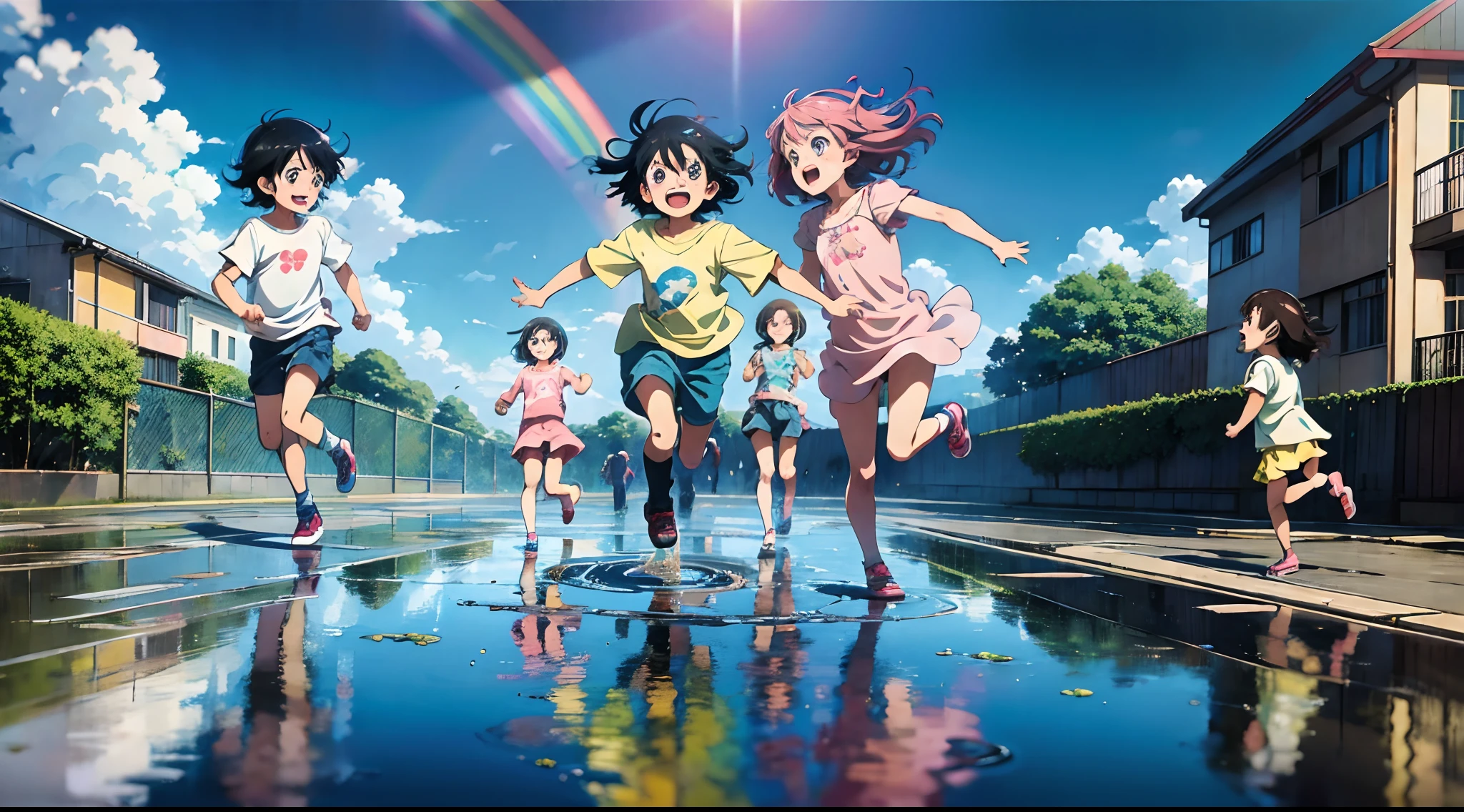 An Anime-style illustration capturing the pure excitement of children playing in a puddle. Pay special attention to children's expressions and movements. Make the rainbow in the background vibrant and mesmerizing with soft, pastel colors. Artists: Satoshi Kon, Mamoru Hosoda
