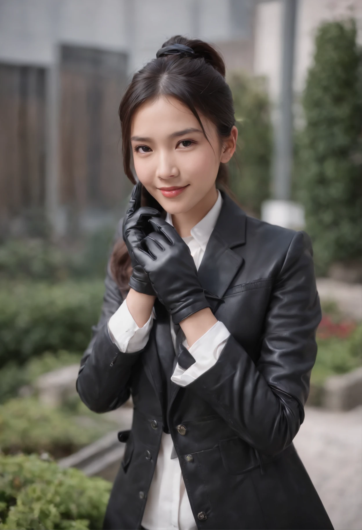 Black leather gloves in both hands, blazer and ribbon uniform, black hair ponytail, upper body, conversation with a smile with a black smartphone, cute Japanese girl (black leather gloves covering both hands) traveling alone