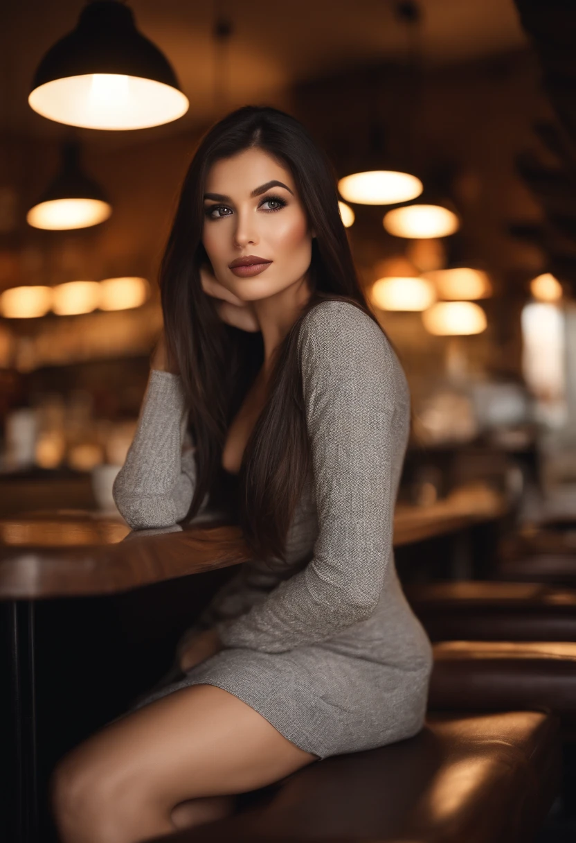 (sharp focus: 1.2), photo (full body) (American flat), attractive 25-year-old, reading menu, sitting in Parisian coffee shop, (beautiful face: 1.1), detailed light brown eyes, delicious lips, (eye makeup: 0.85), (medium breasts: 1.0), (firm body: 1.2), (soft long black hair: 1.2), (long bangs:1.1),wearing (miniskirt) plaid miniskirt, (oversize sweater), (moderate lighting: 1.2), depth of field, bokeh, 4K, HDR. Miss Universe, cover photo. ((skin with small spots and wrinkles), , (moody lighting: 1.2), depth of field, bokeh, 4K, HDR