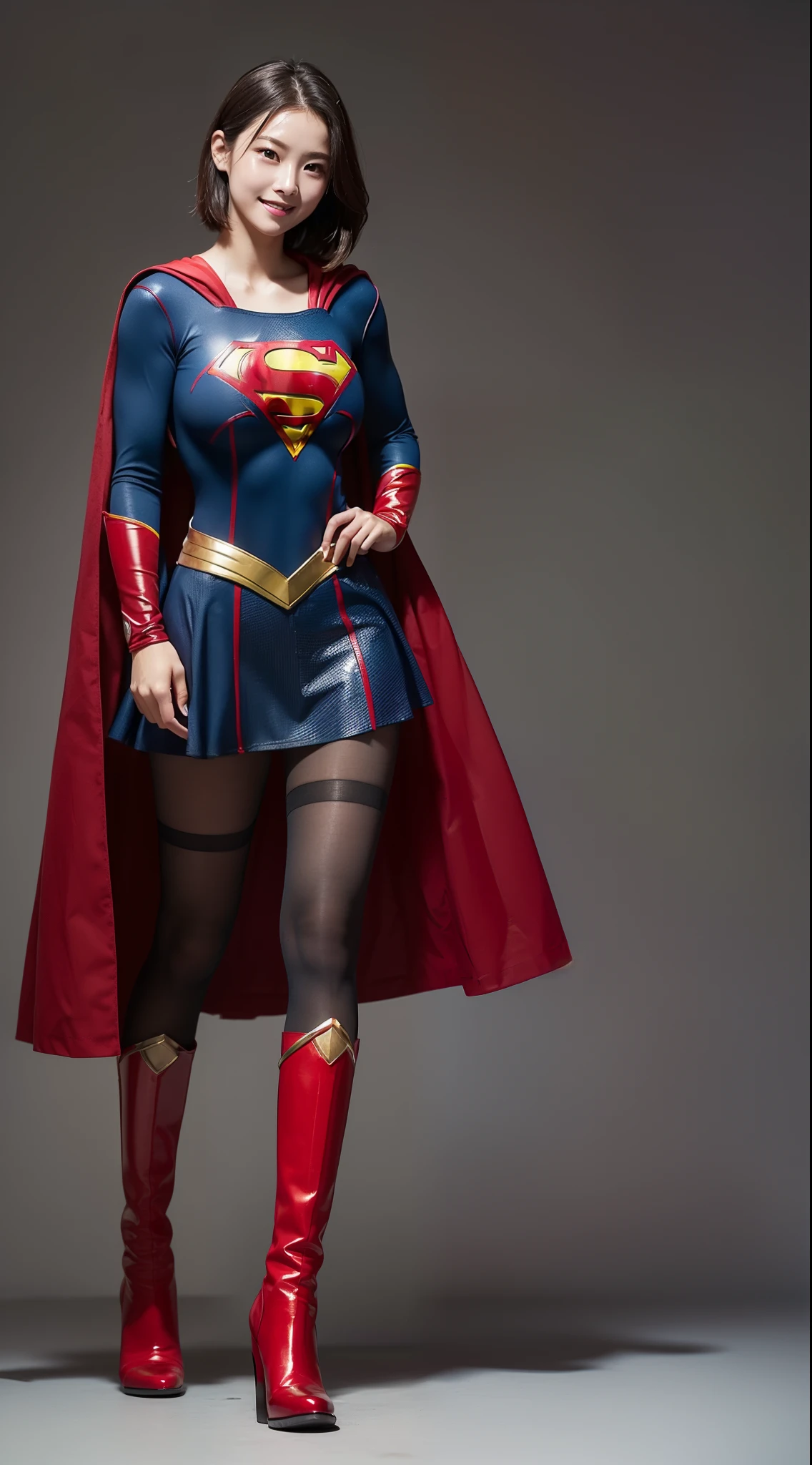 (((Make the most of the original image)))、(((Supergirl Costume)))、(((shiny short hair)))、(((Suffering)))、(((Feet must necessarily be worn with black tights)))、(((Smile)))、(((You need to wear red boots)))、((Top image quality、8K))、((top-quality、8K、masterpiece:1.3))、(((Keep backgrounds simple)))、Crisp focus:1.2、Beautiful woman with perfect body shape:1.4、Slender Abs:1.2、((layers-Cut、large boob:1.2))、a wet body:1.5、Highly detailed facial and skin texture、