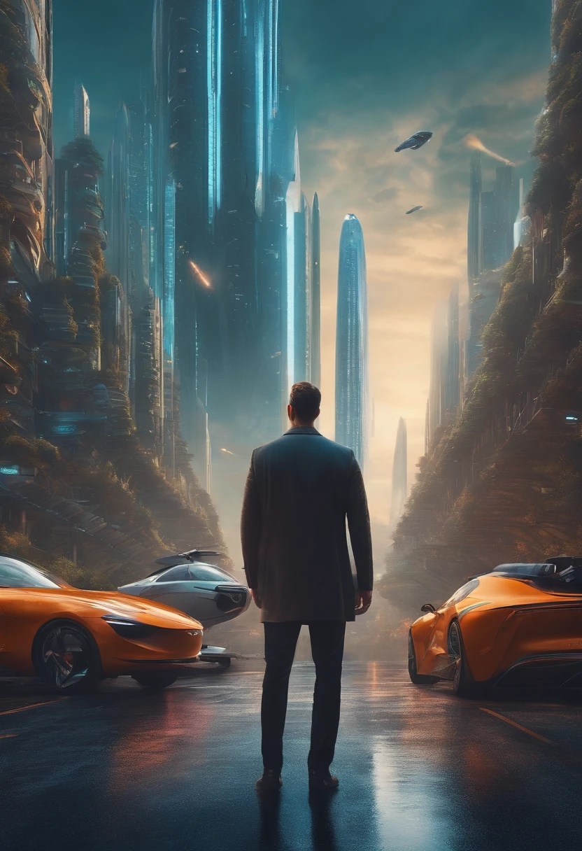 Man looking at a building in a futuristic city with flying cars everywhere, colocar um olhar na cara o homem de felicidade