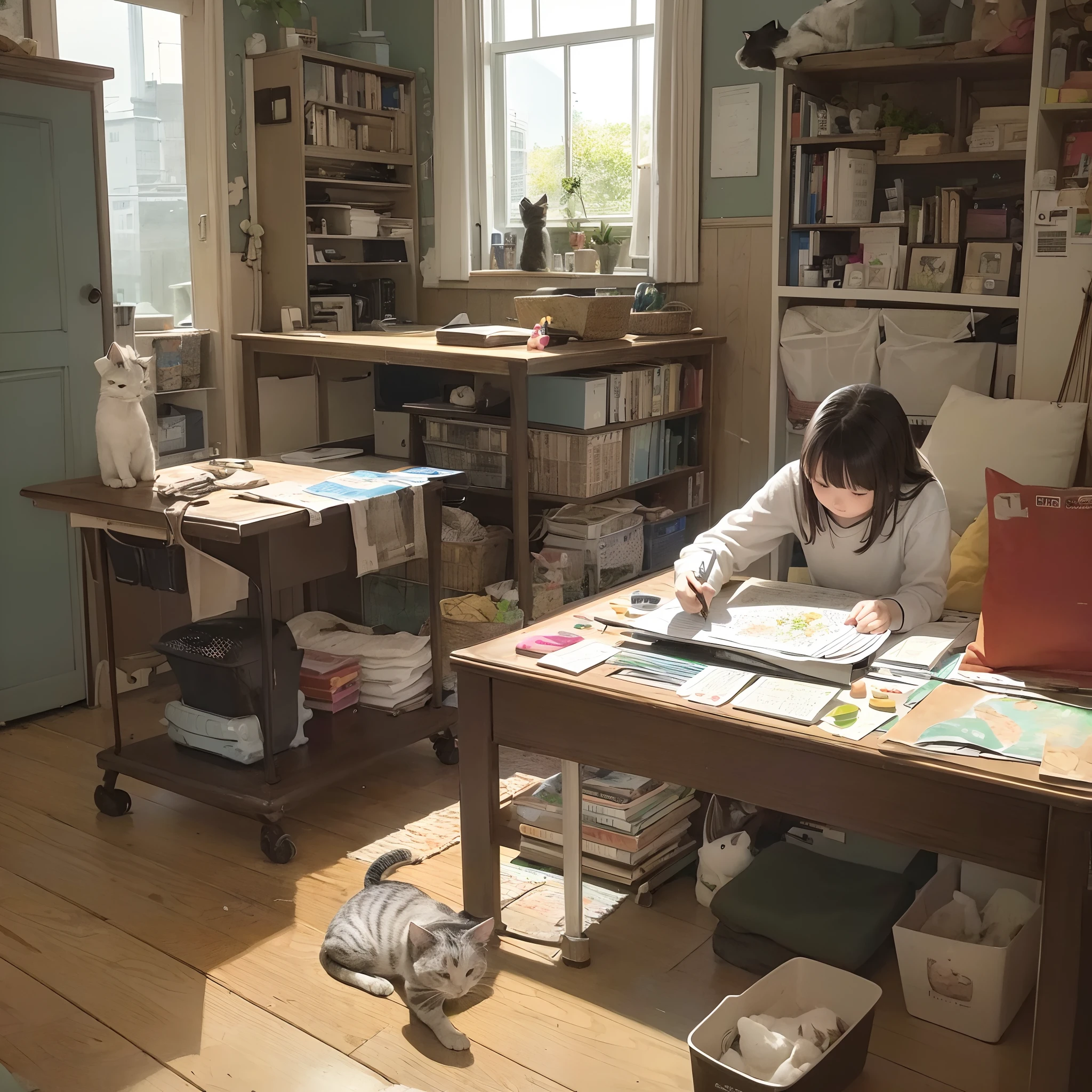 The city where the cat lives、Cat washing、Cat on computer at desk,Cat playing the violin、Cat cooking、Detailed images、Pen drawing style、Watercolor-like colors,Fine cityscape