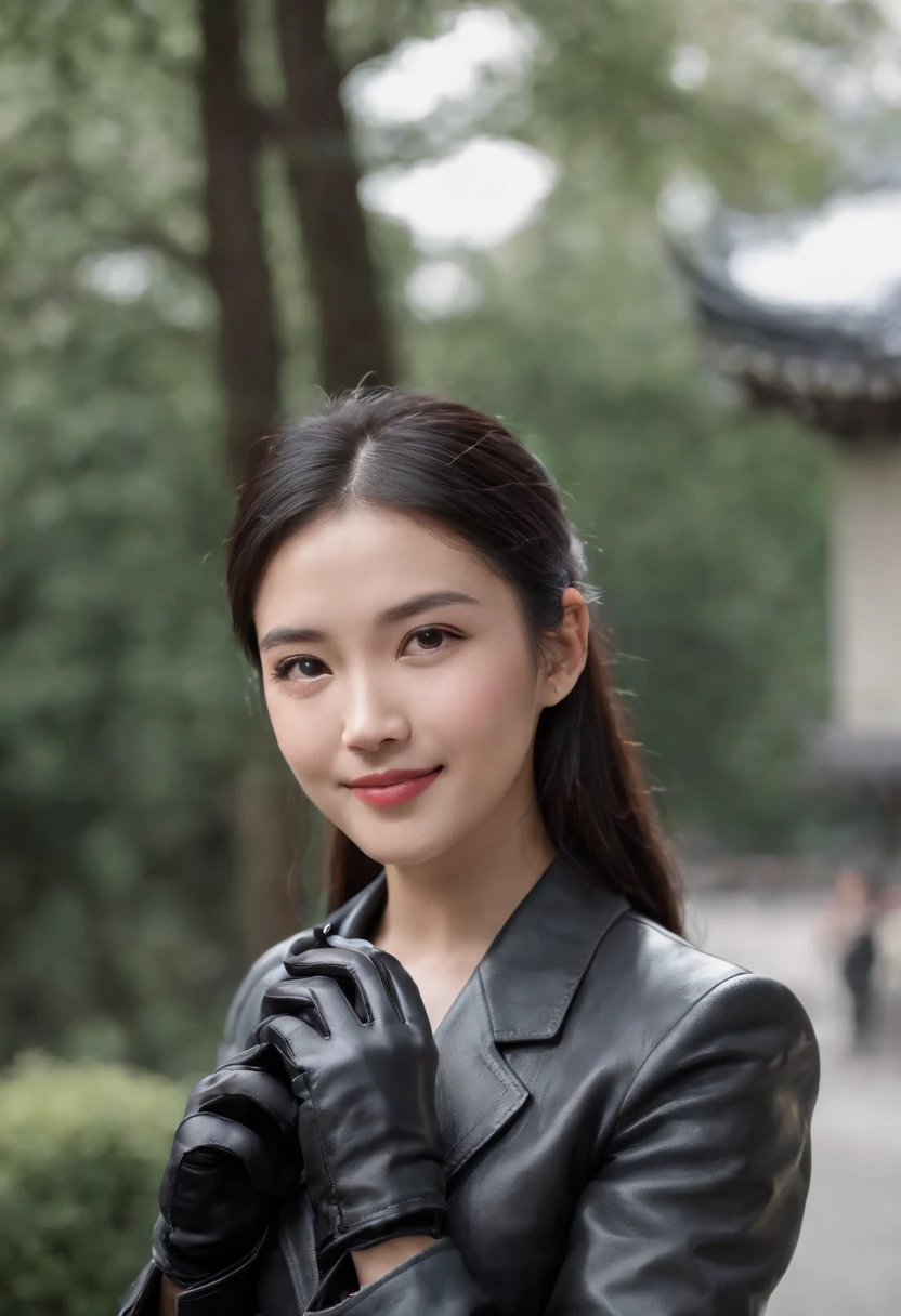 Black leather gloves in both hands, blazer and ribbon uniform, black hair ponytail, upper body, conversation with a smile with a black smartphone, cute Japanese girl (black leather gloves covering both hands) traveling alone