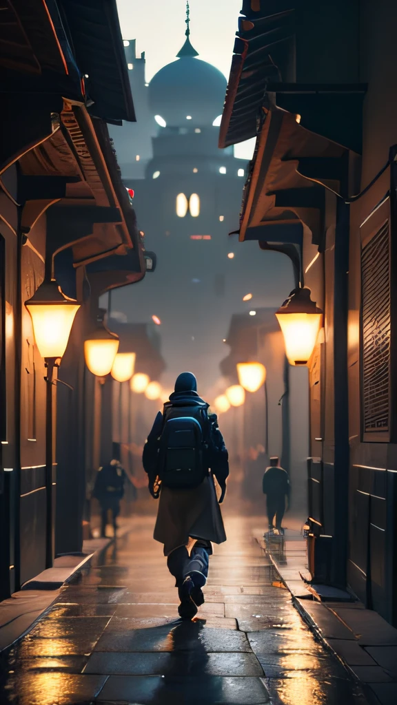 there is a man walking down a street with a backpack, he is in a mosque, detailed cinematic render, cinematic matte illustration, atey ghailan and steve mccurry, detailed cinematic shot, artwork in the style of guweiz, rendered in unreal engine 5, stylized concept art, cinematic rendered, low detailed. digital painting, cinematic shot!, very detailed cinematic