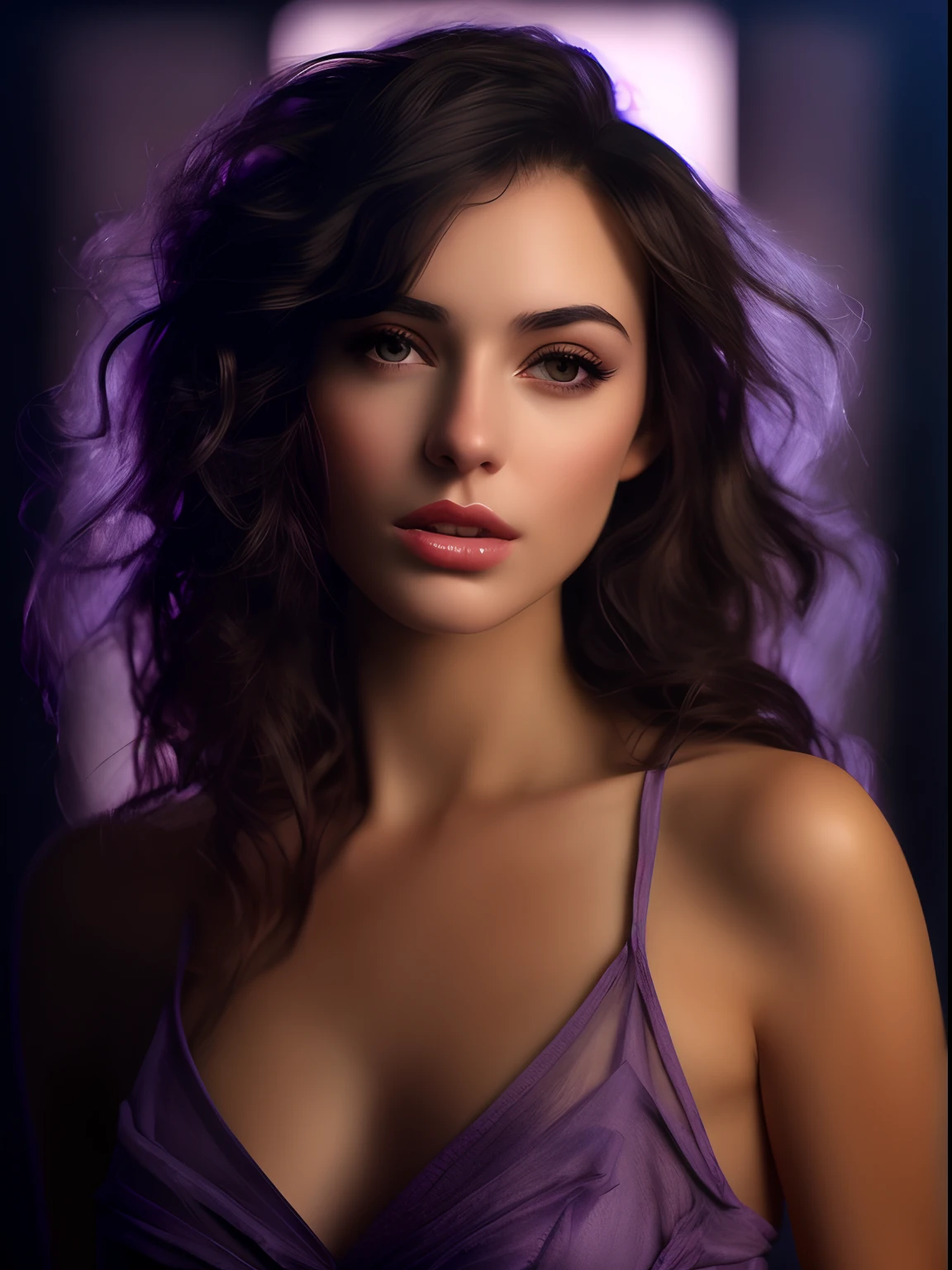 arafed woman with long dark hair wearing a purple dress, soft portrait shot 8 k, 8 k sensual lighting, beautiful portrait lighting, medium portrait soft light, portrait soft low light, beautiful soft lighting, gorgeous soft lighting, beautiful young woman, 8k artgerm bokeh, realistic face moody lighting, portrait soft light, beautiful female model, young beautiful woman