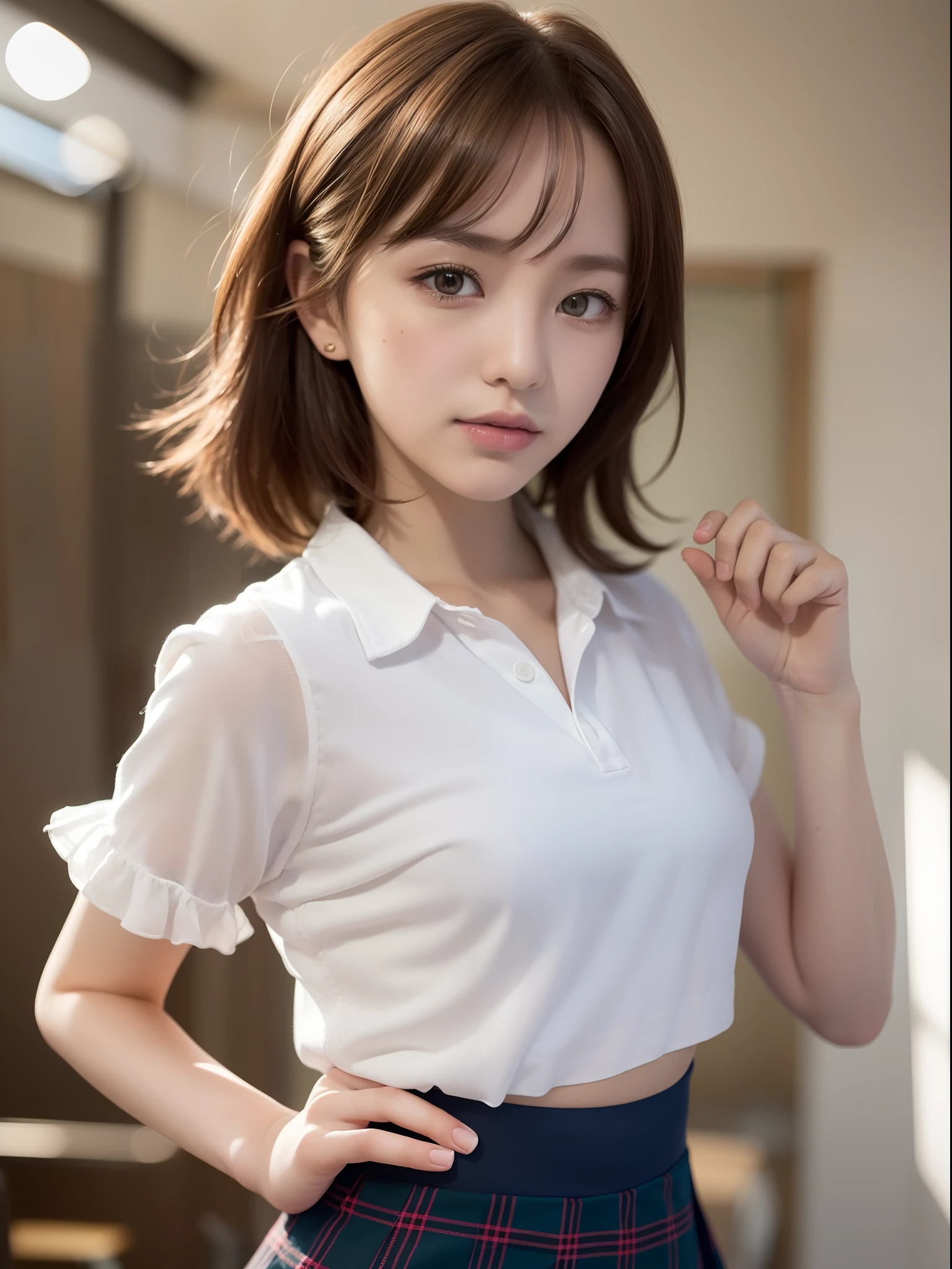 ((of the highest quality, 8K, masutepiece: 1.3, Raw photo)), Sharp Focus: 1.2, (1 AESPA Girl :1.1), Solo, (Realistic, Photorealistic: 1.37), (Face Focus: 1.1), Cute face, hyperdetailed face, Short messy hair, Small Smile, Small breasts, (chiffon school uniform: 1.3), Roll up the check skirt, (((See all panties))), (((The skirt is definitely worn))), (((Lift skirt hem)))、panties focus, (((Lifting skirt while standing to show off panties to camera))), Thigh, (class room: 1.2), flower, Cattleya