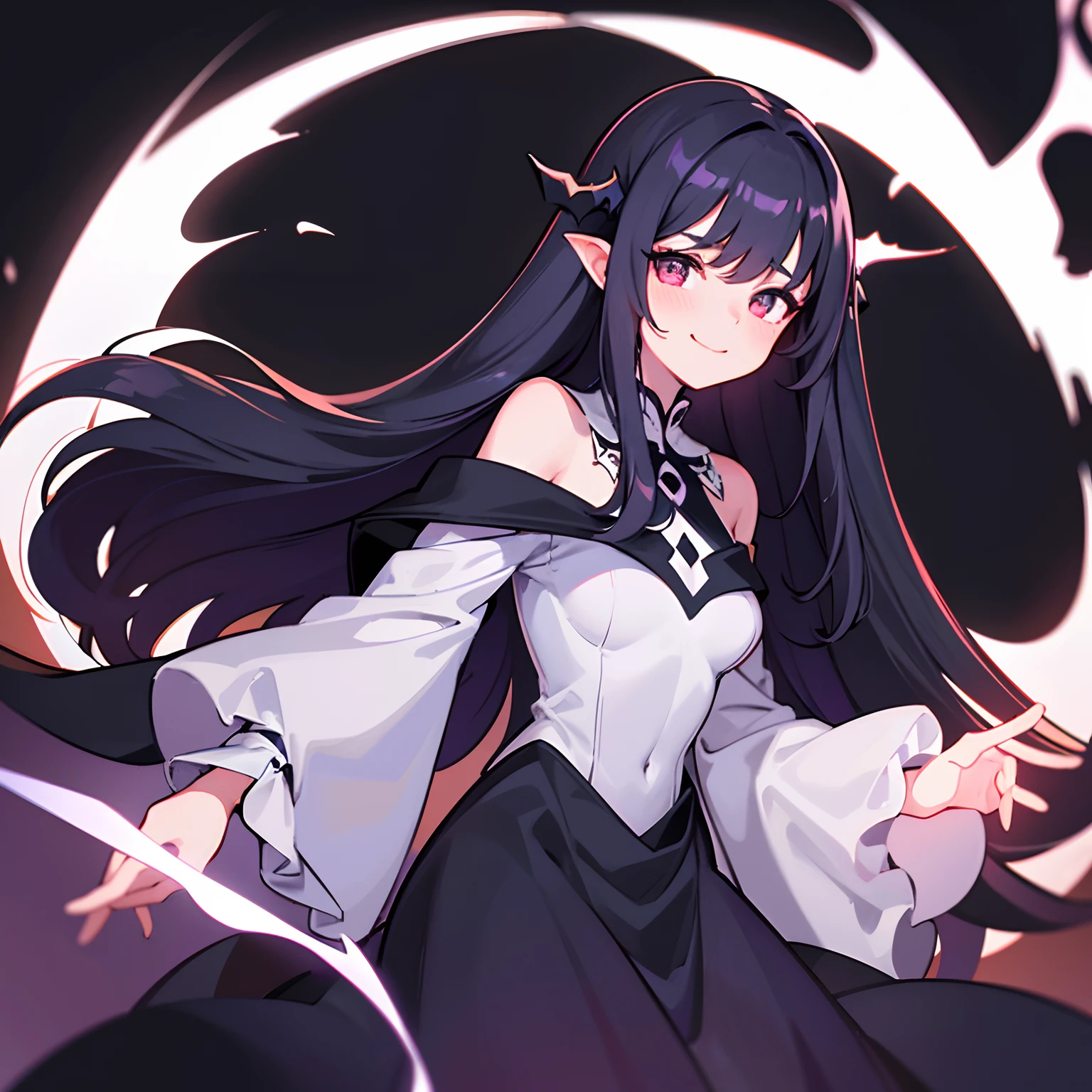Masterpiece, Best quality, Julia Fey,  1girll, Solo, Long hair, view the viewer, Blush, Smile, Negative space, (with light glowing:1.2), Darkness, Dark background, Long sleeves, dress, Bare shoulders, Medium breasts, Very long hair, Wide sleeves, Cape, White dress, circle of the crone