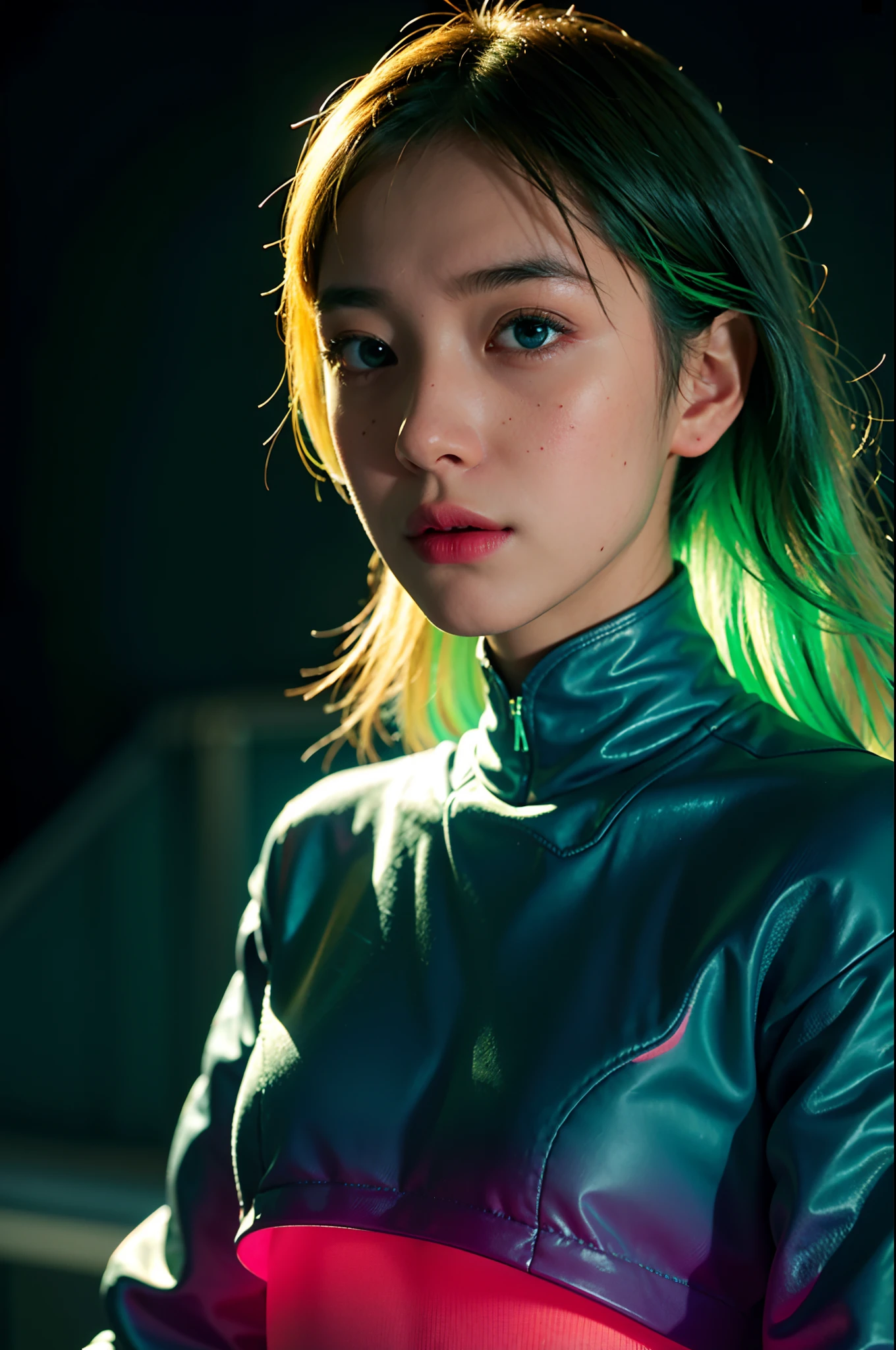 (Small grain:0.5), motion picture, 1girl, outer space, detailed eyes, detailed face, Futuristic clothing details, Lights in clothes, (concealment:1.1), (sideways glance:1.1), volumetric light, solitude, light, Red fluorescent profile, Green Fluorescent Profile, Blue Fluorescent Profile