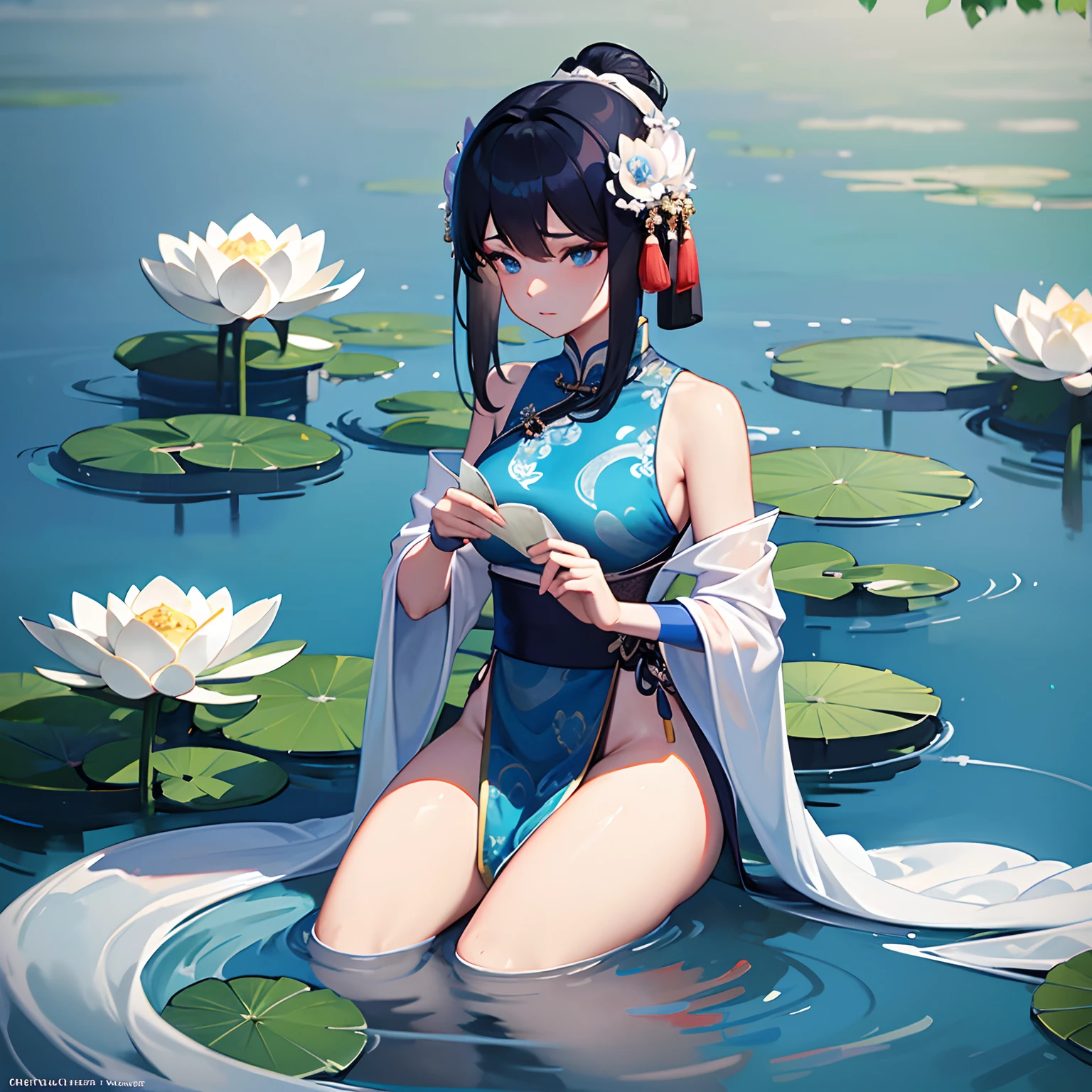 ((4K,Masterpiece,Best quality)), Traditional Chinese painting, lotuses, Not wearing any clothes, Solo, ssmile, standing on your feet, feet in water, The barefoot,Reveal full breasts,There are no clothes all over the body