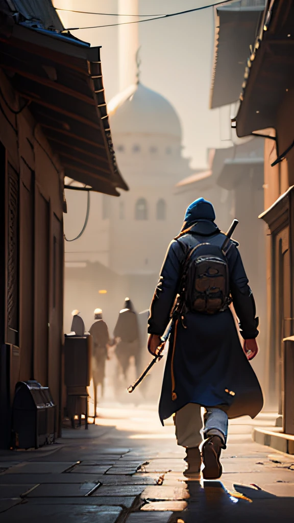 there is a man walking down a street, he is in a mosque, detailed cinematic render, cinematic matte illustration, atey ghailan and steve mccurry, detailed cinematic shot, artwork in the style of guweiz, rendered in unreal engine 5, stylized concept art, cinematic rendered, low detailed. digital painting, cinematic shot!, very detailed cinematic