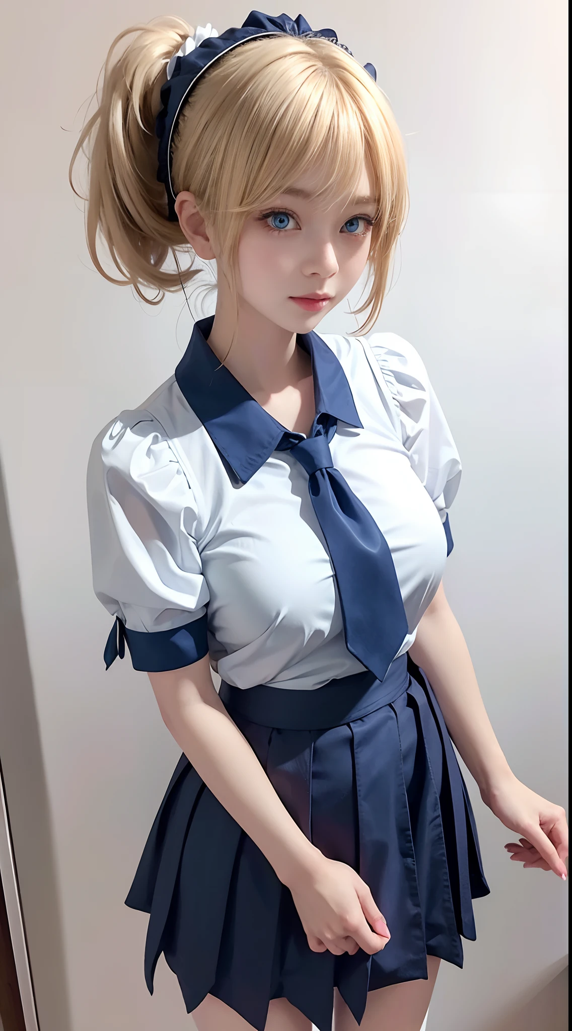 masterpiece, best quality, AiHayasakaV4, 1girl, solo, breasts, looking at viewer, blush, blue eyes, blonde hair, simple background, shirt, hair ornament, white background, hair between eyes, school uniform, white shirt, nail polish, side ponytail, v, scrunchie, hair scrunchie, blue nails, clothes around waist, blue scrunchie, shuuchiin academy school uniform