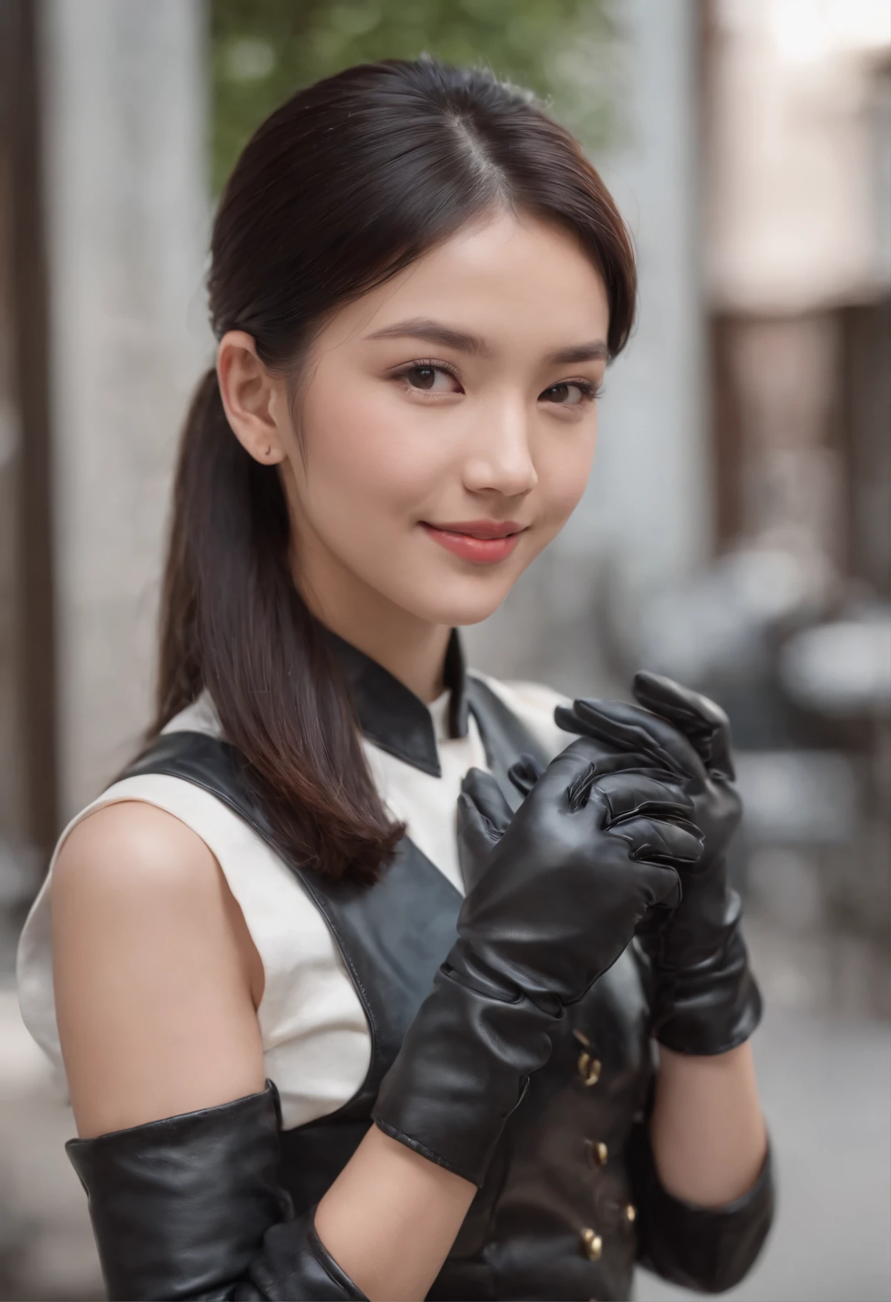 Black leather gloves in both hands, blazer and ribbon uniform, black hair ponytail, upper body, conversation with a smile with a black smartphone, cute Japanese girl (black leather gloves covering both hands) traveling alone