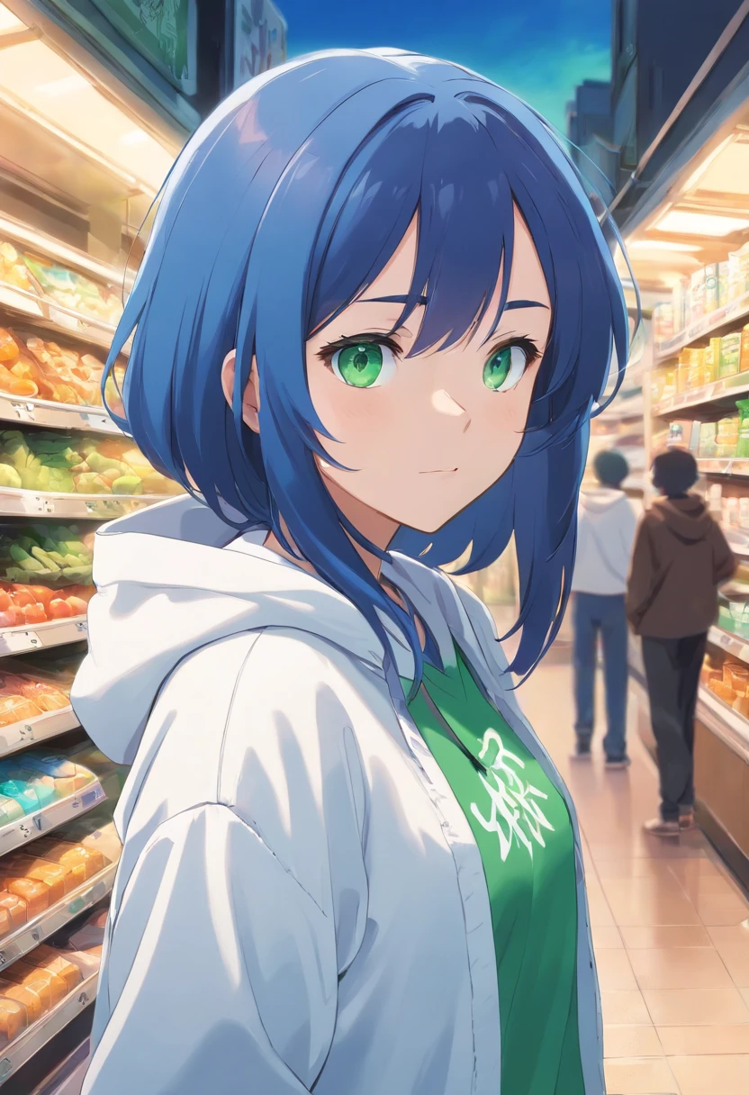 1 girl, Family Mart theme, Family Mart style, Blue long hair, White hoodie, Green eyes