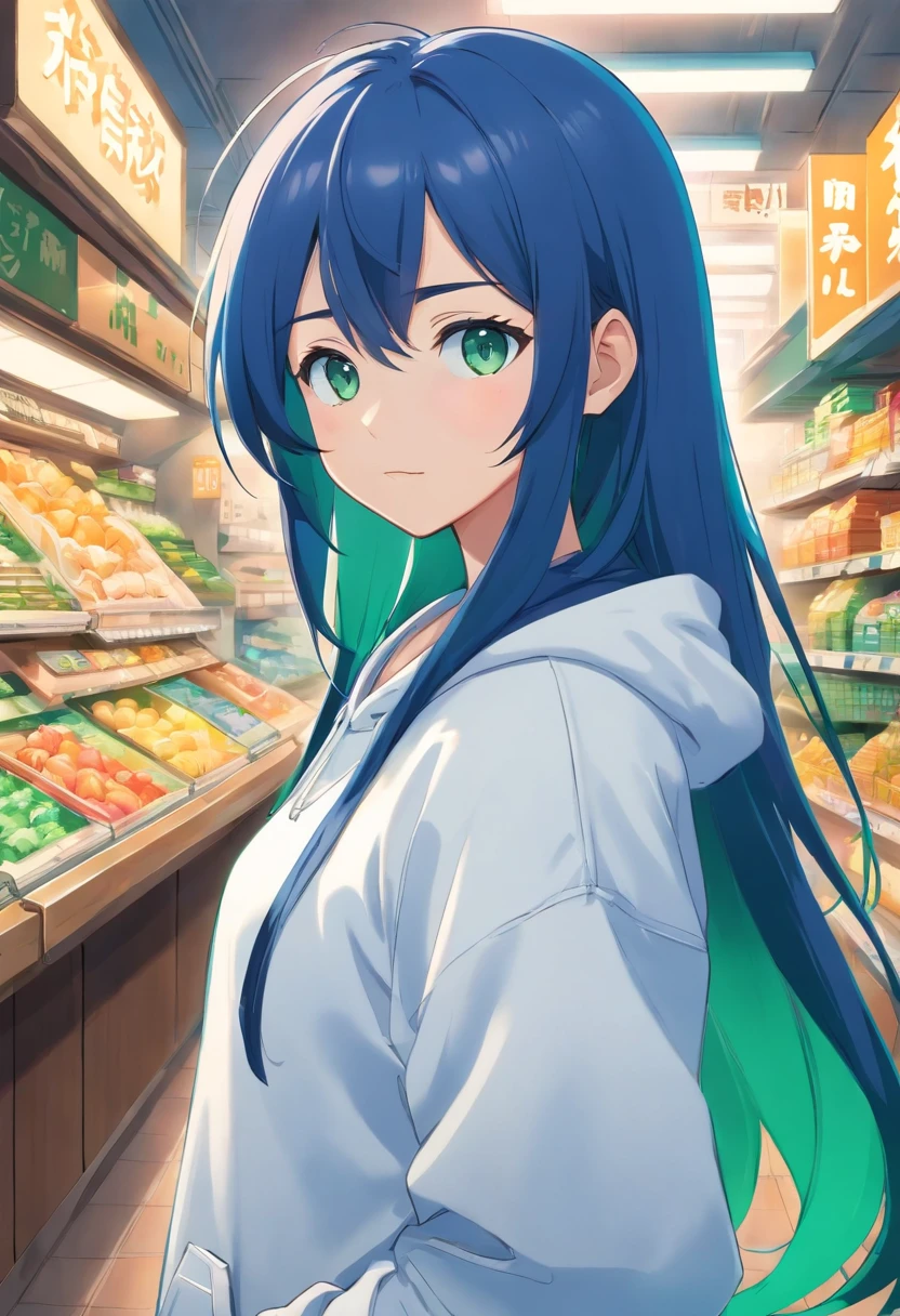 1 girl, Family Mart theme, Family Mart style, Blue long hair, White hoodie, Green eyes
