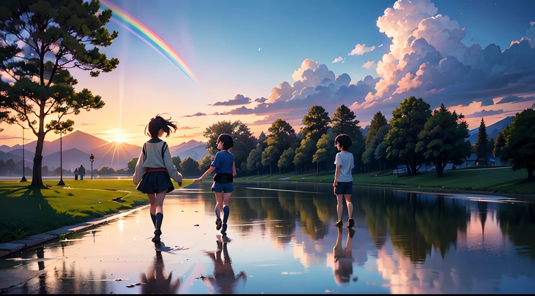 An anime-inspired scene with intricate details where children play happily in a puddle of water. Ensure the highest quality and use HDR, UHD and 64K resolution for a complex composition. Incorporate a vivid, colorful rainbow arcing across the sky. Artists: Hayao Miyazaki, Makoto Shinkai