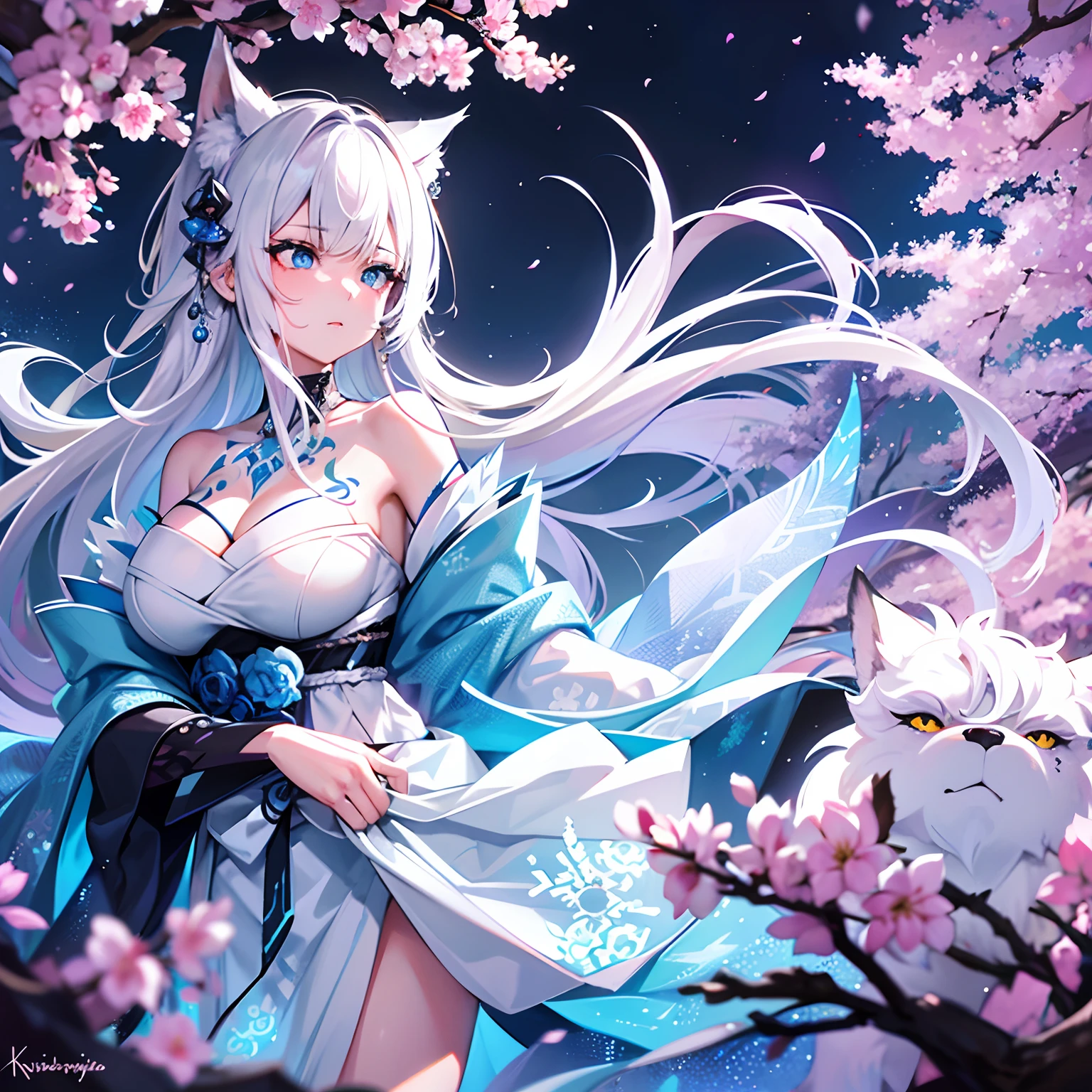 The most beautiful and enchanting wolf spirit, White hair, Glowing blue eyes, Lots of tattoos and piercings, In the most beautiful enchanted forest, Graffiti and kanji elements in the background, Cherry blossoms fluttering in the wind, Highly detailed, Perfect masterpiece, High quality, high resolution