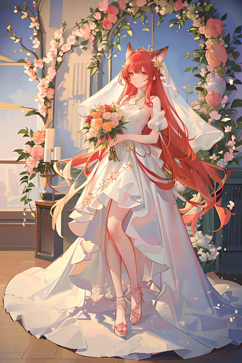 Red long-haired,Red fox ears,Golden eyes,wedding gown,flower bouquet,blossoms,flower sea,Stroll through the flower fields