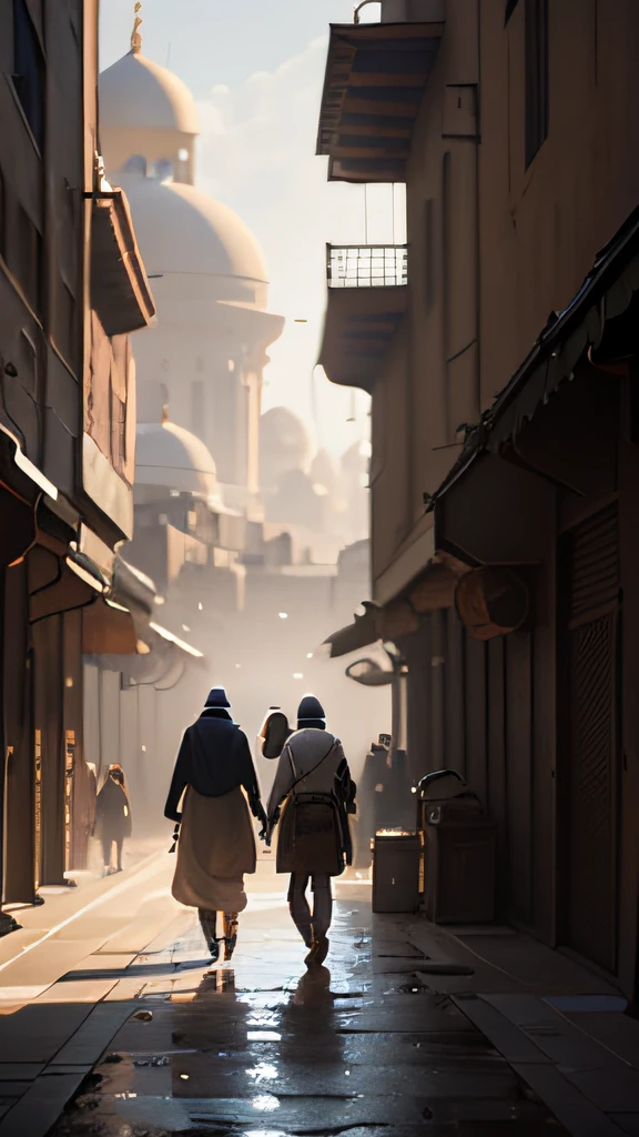 there is a collage man walking down a street, he is in a mosque, detailed cinematic render, cinematic matte illustration, atey ghailan and steve mccurry, detailed cinematic shot, artwork in the style of guweiz, rendered in unreal engine 5, stylized concept art, cinematic rendered, low detailed. digital painting, cinematic shot!, very detailed cinematic
