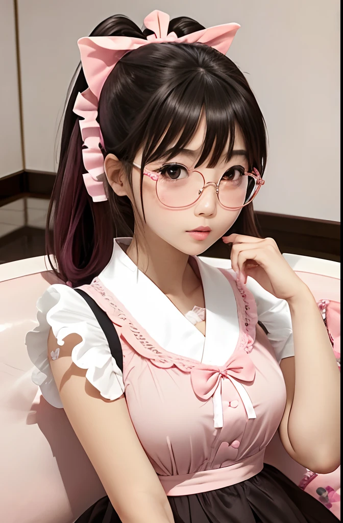 Japanese girl Kawaii, Cute Hairstyles, Eyes shine, Brown eyes, Glasses Girl, Cute Girl, Ponytail, ta Black Pink Bunny Dress, Face the audience., Sit cross-legged on a pinkish-white sofa, Pink Living Room,