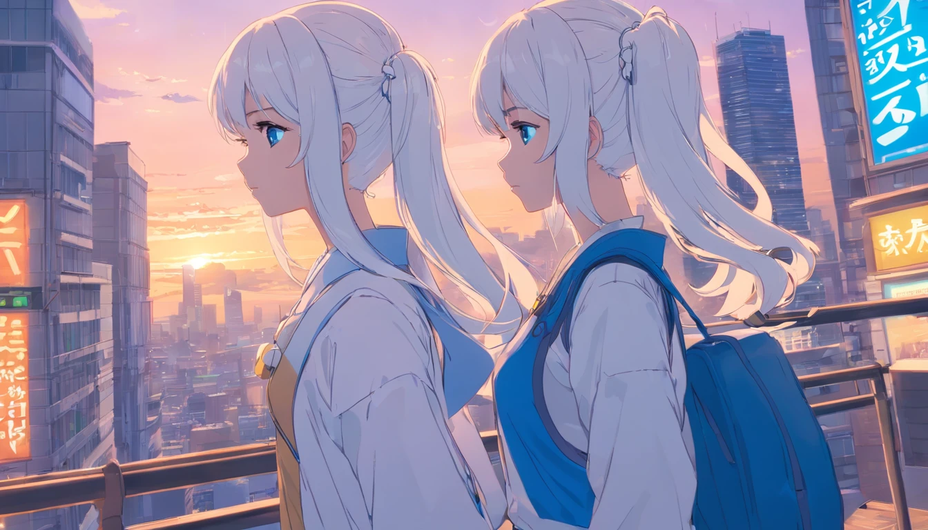 White color hair，Double ponytail curls，blue color eyes，White Lolita，Beth，busy cityscape，sad