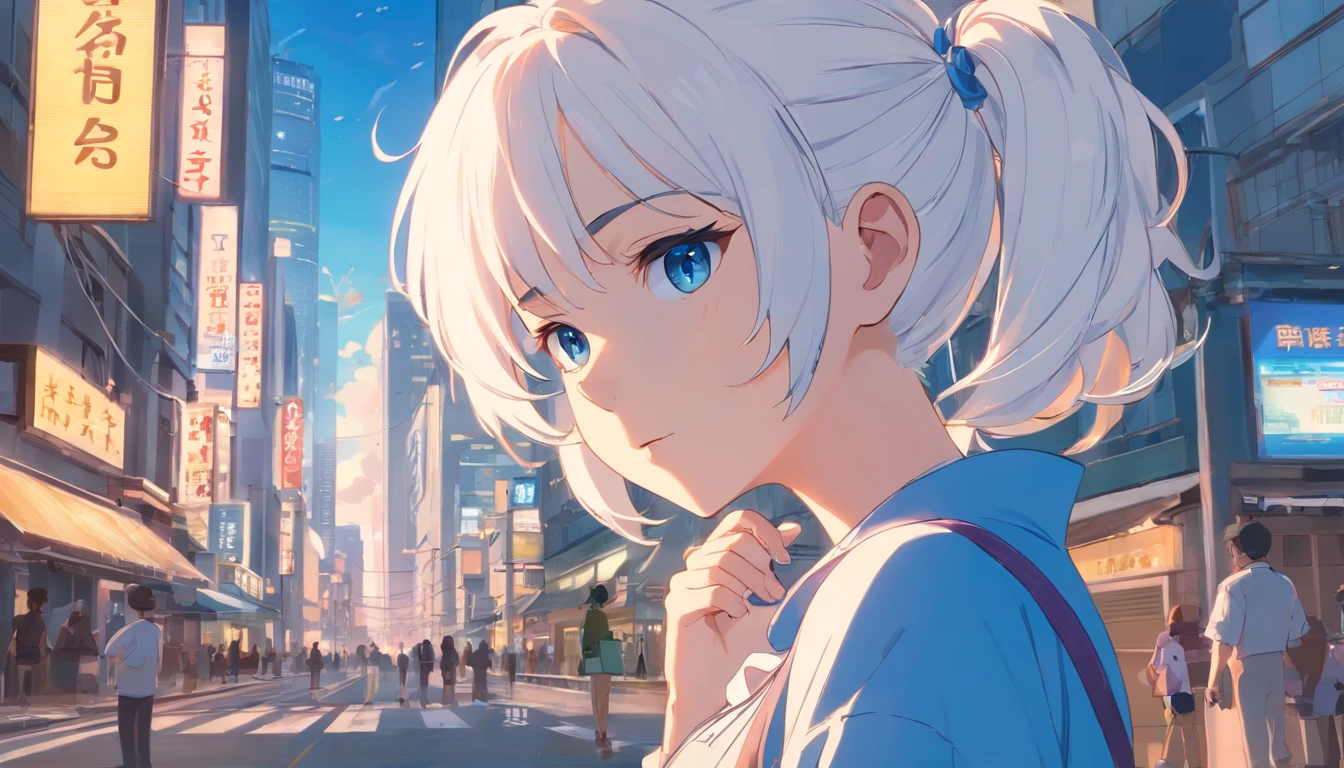 White color hair,Double ponytail curls,blue color eyes,White Lolita,Beth,busy cityscape,sad