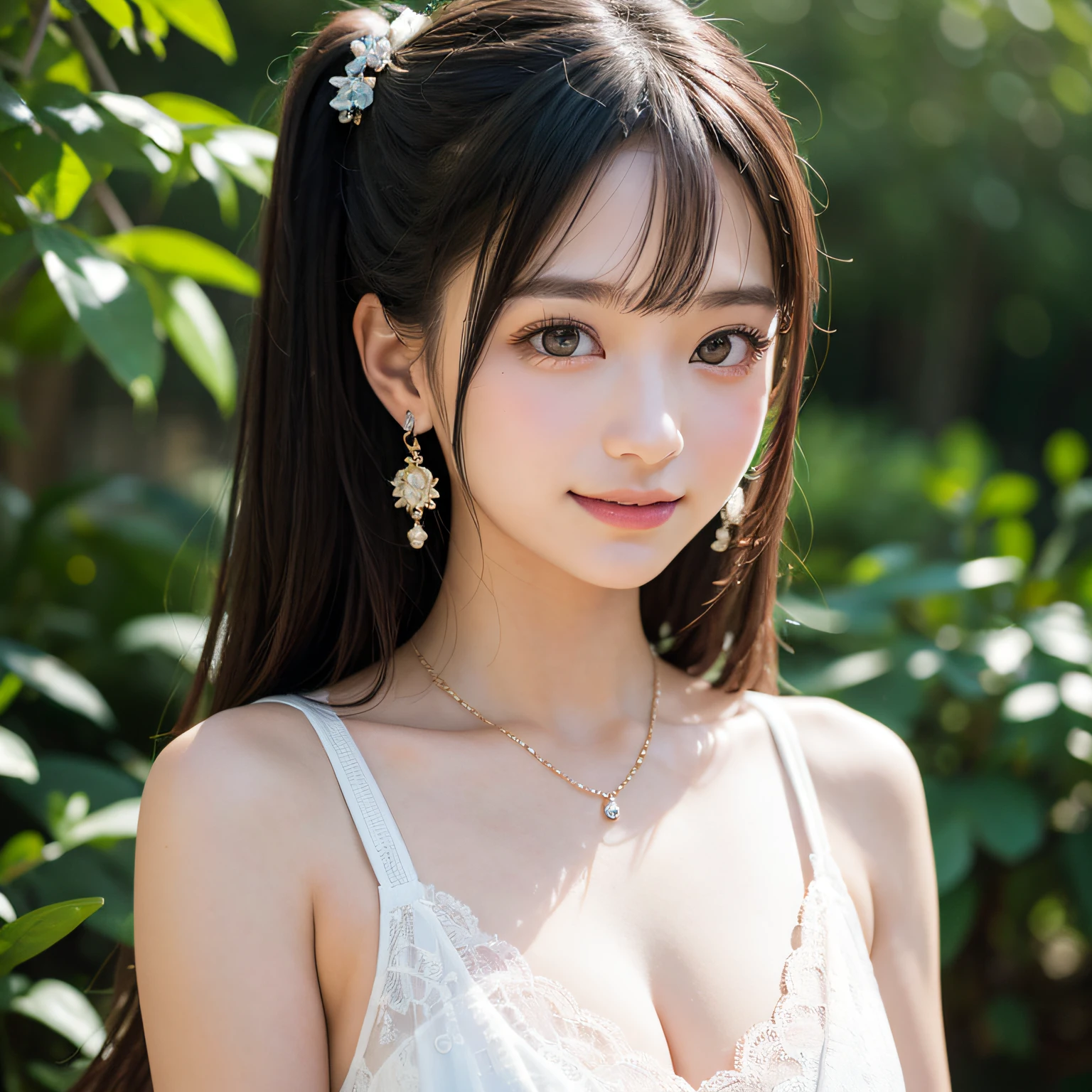2 girls in、twin-tail hair,masutepiece, Best Quality, 8K, 15yo student, Teen, Raw photo, absurderes, award winning portrait, Smile, botanical garden, neons, Idol face, violaceaess, gardeniass, Delicate girl, Upper body, Digital SLR, Looking at Viewer, Candid, Sophisticated, zora々Right, Thin arms, Professional Lighting, Film grain, chromatic abberation, (Eyes and faces with detailed:1.0), (Bokeh:1.1),Luxurious dresses、intricate lace、intricate hair ornament、Complex earrings、Complex necklaces、Beautiful breasts、